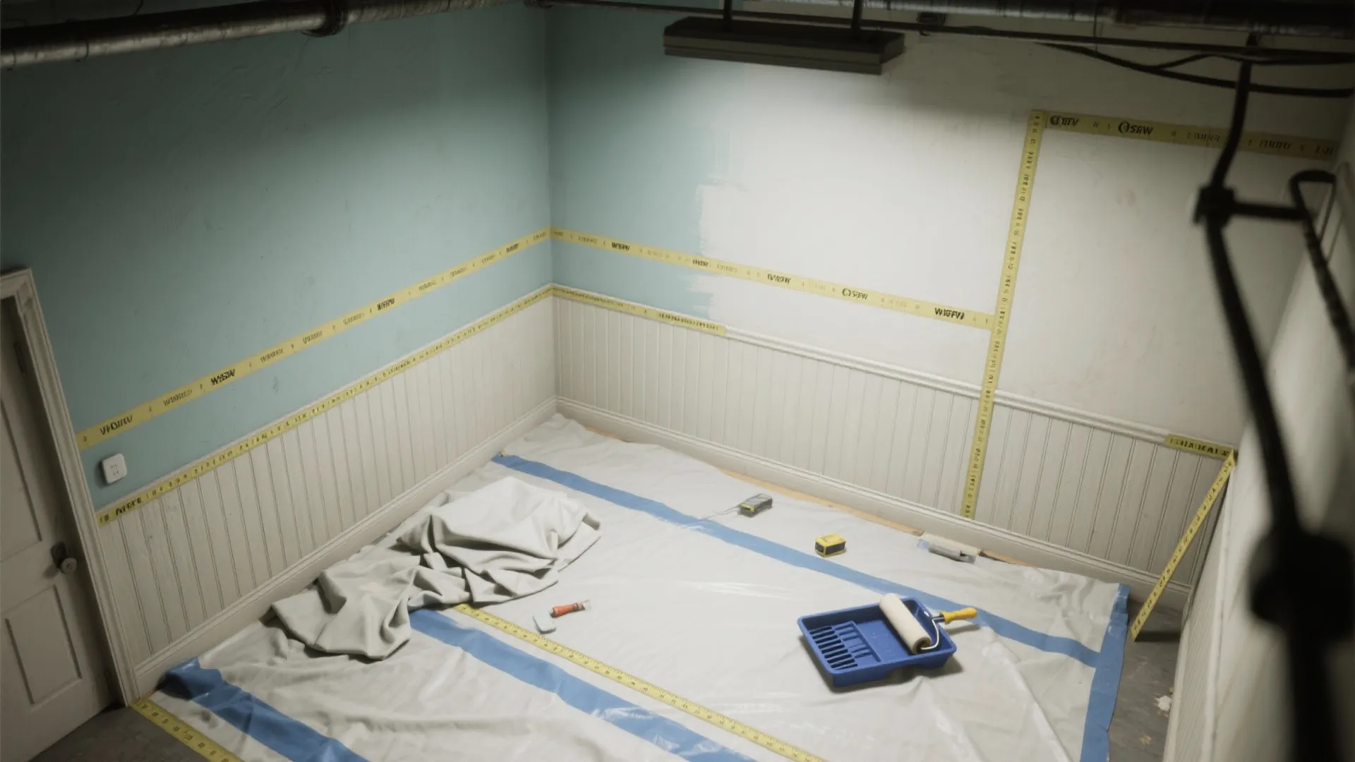 Room renovation scene with blue paint tape on white wall panel floor covered with plastic sheet
