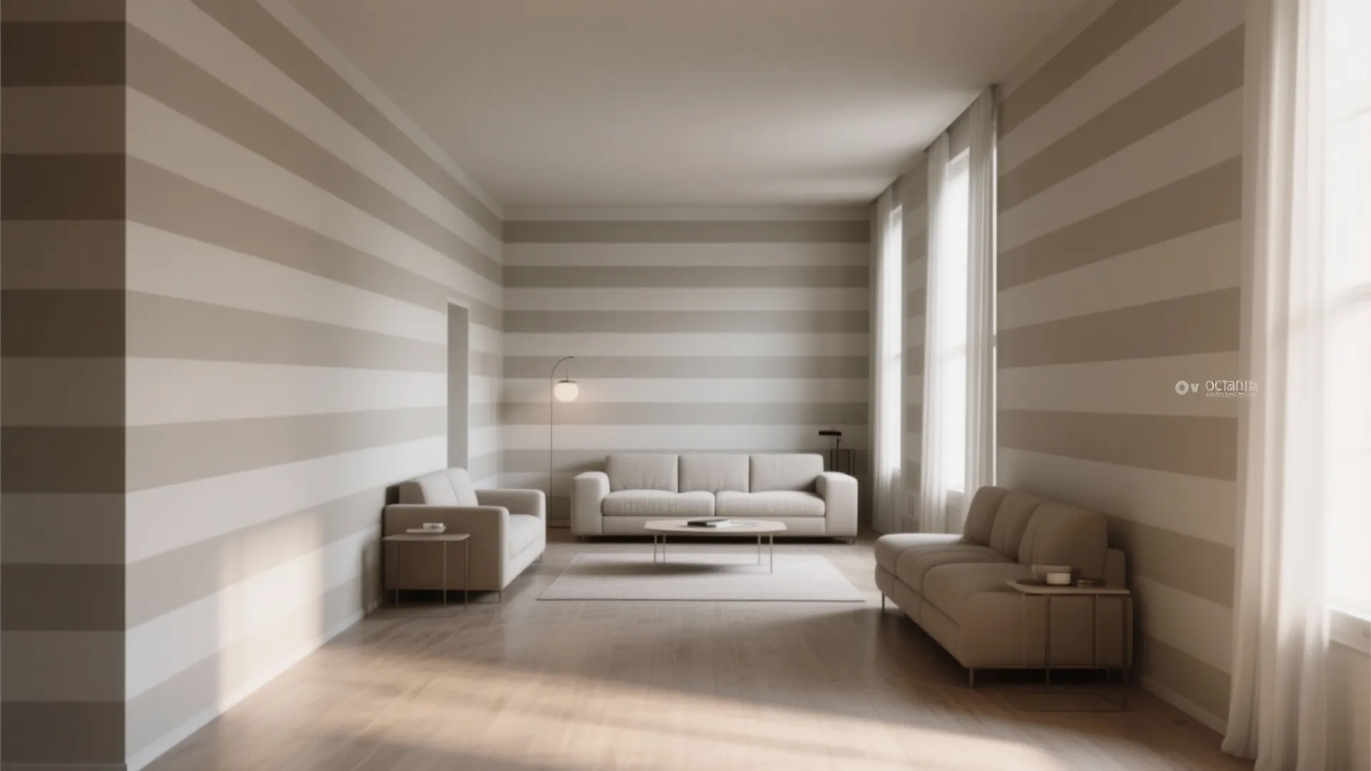 Living room with horizontal striped wall panels beige sofas wooden floor and large windows natural light
