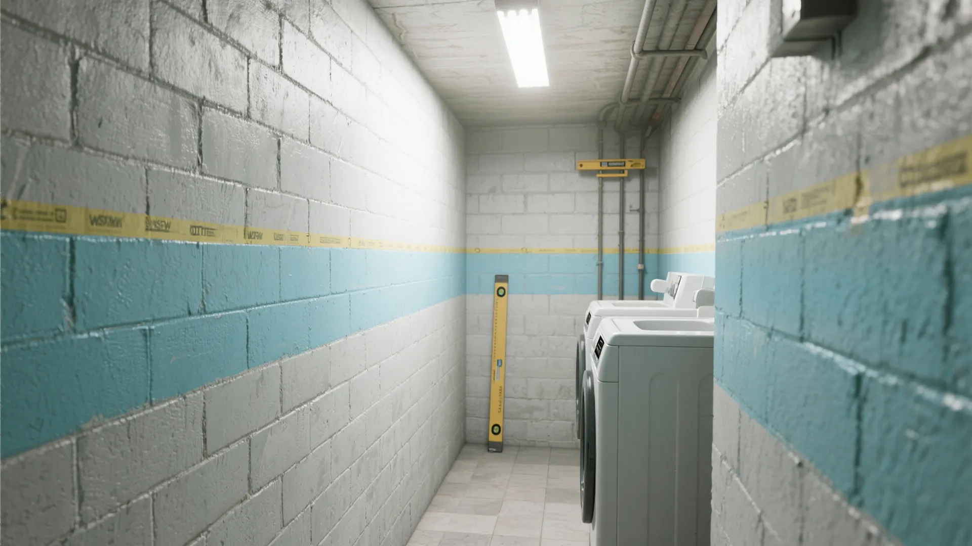 Narrow basement with pale horizontal stripes painted on block walls to create a wider feel.