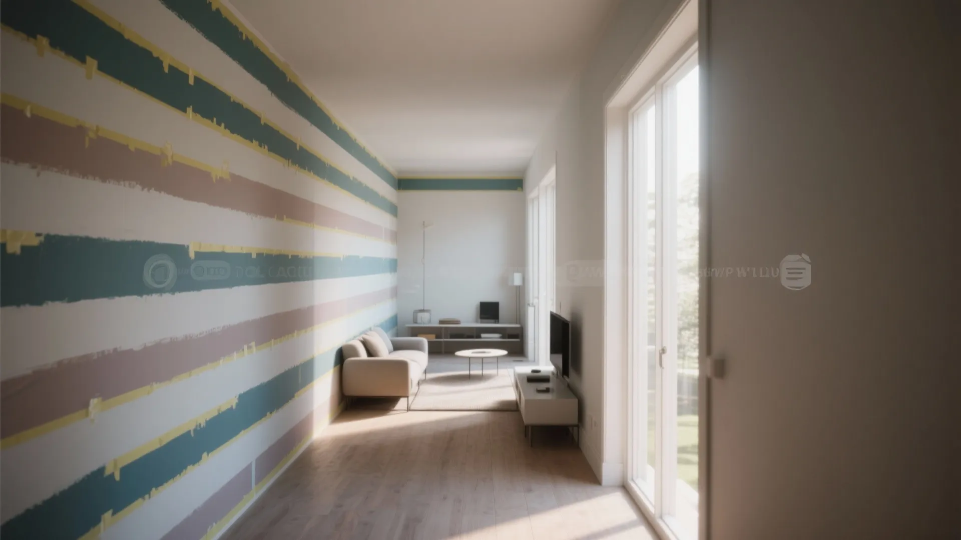 Modern living room with colorful horizontal stripes on wall light grey sofa and wooden floor