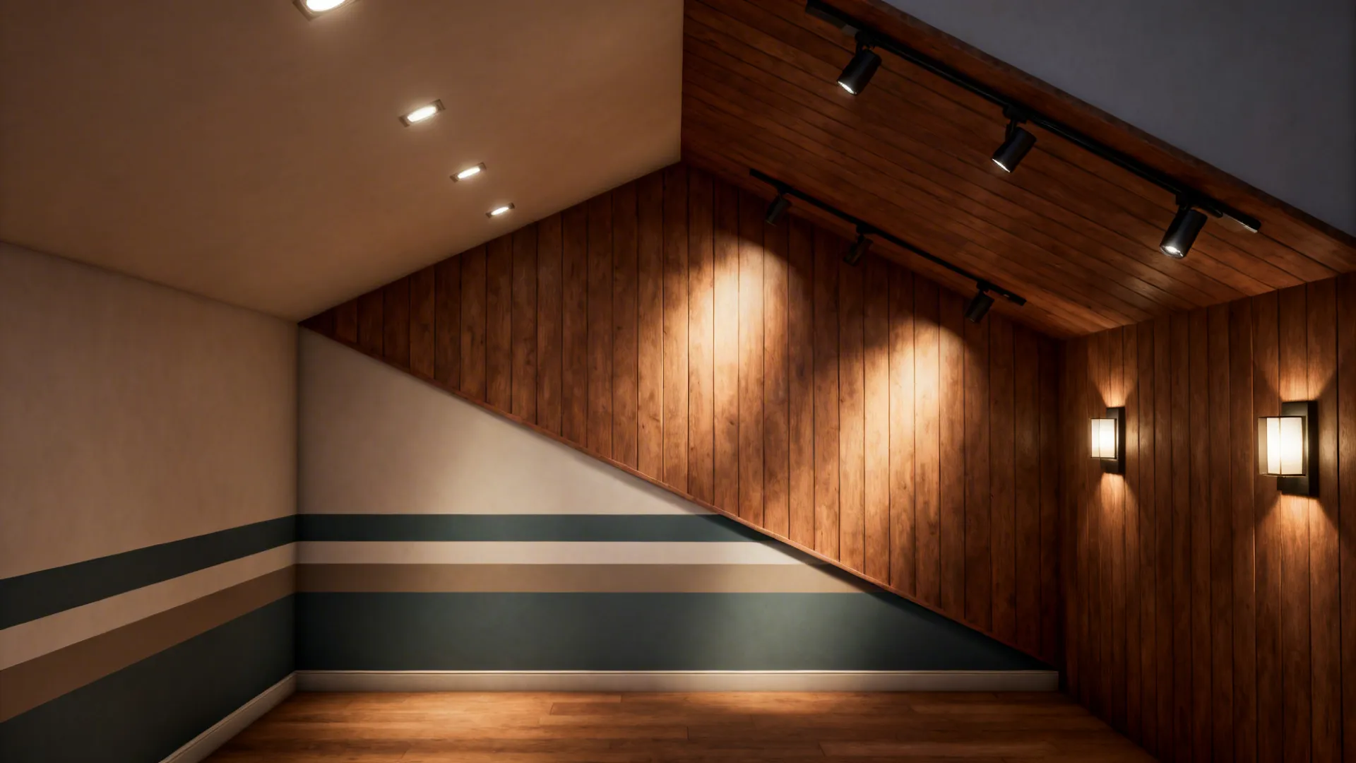 Empty room with wood wall panel track lighting wall light and striped paint on walls