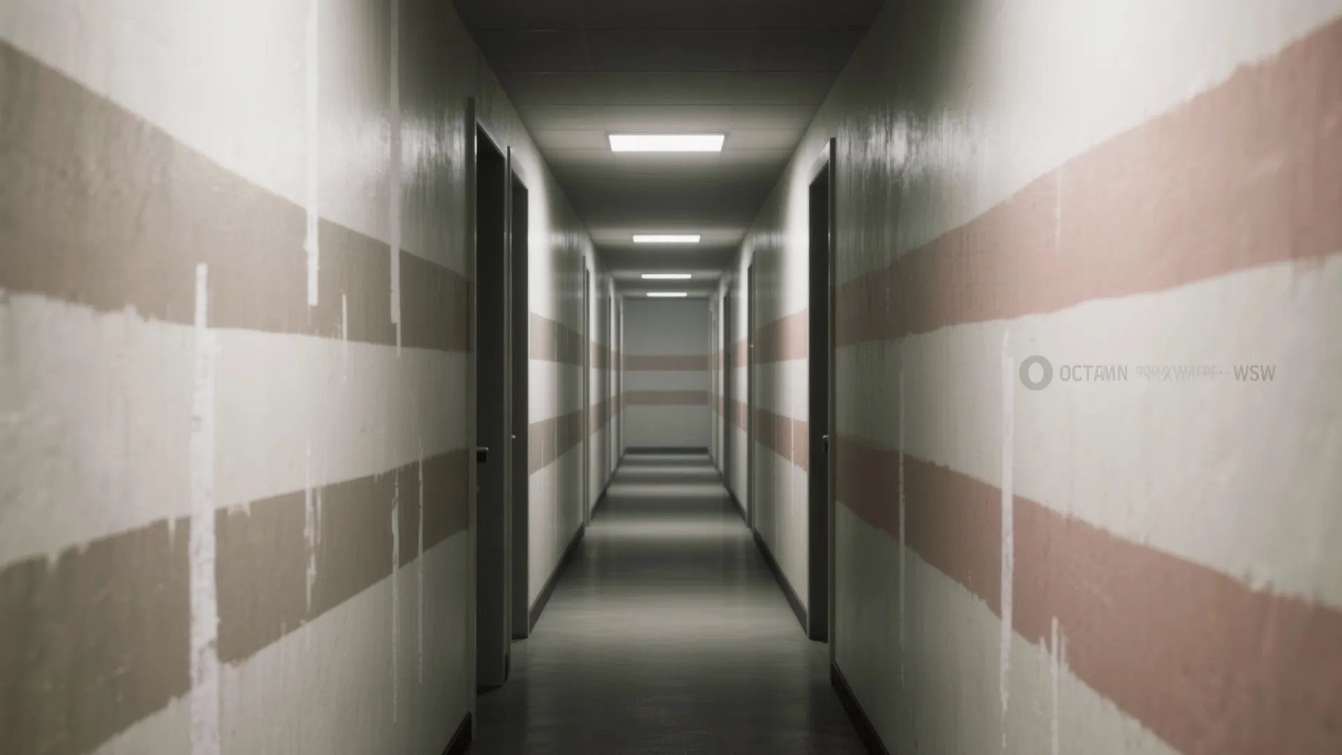 Long hallway interior design with horizontal painted stripes on walls and bright square ceiling light fixtures