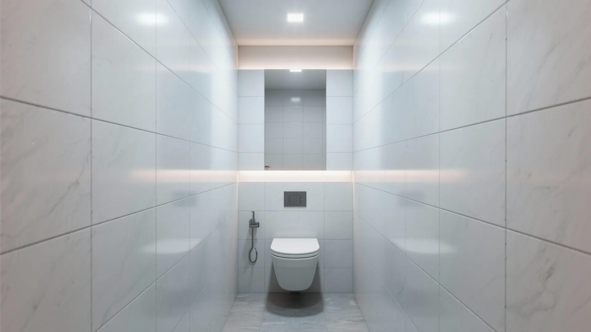 Narrow bathroom with horizontal 12x24 wall tiles