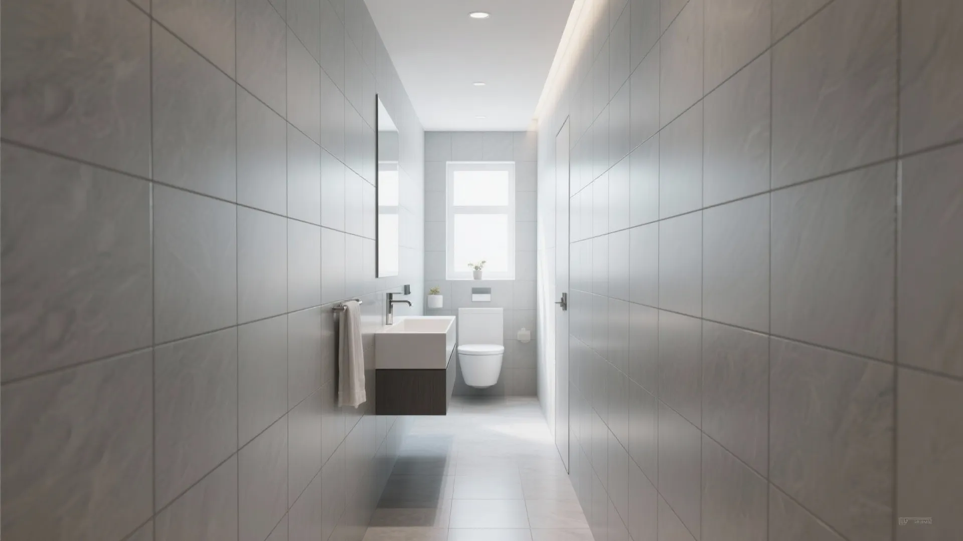 Narrow bathroom with horizontal 12x24 tiles for visual width