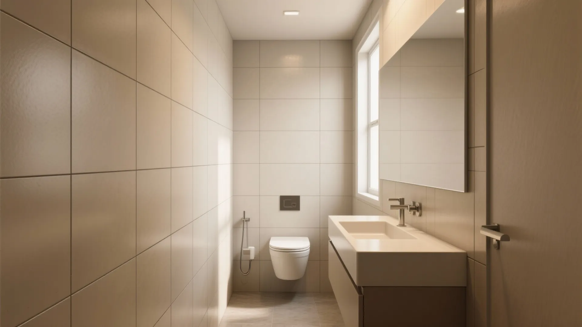 Neutral bathroom featuring cream wall tiles a white toilet sink and large mirror with lighting