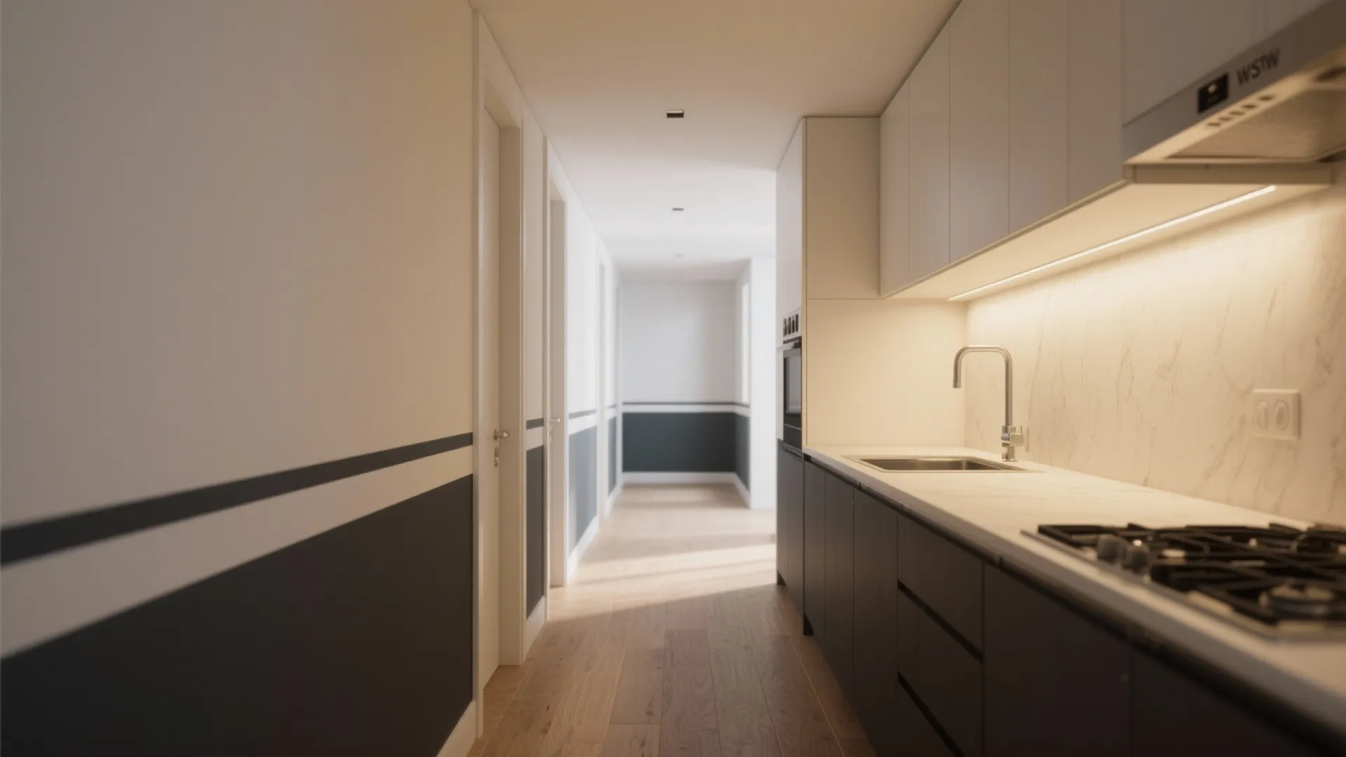 Hallway or galley kitchen showing a horizontal two-tone paint treatment that visually widens the space.
