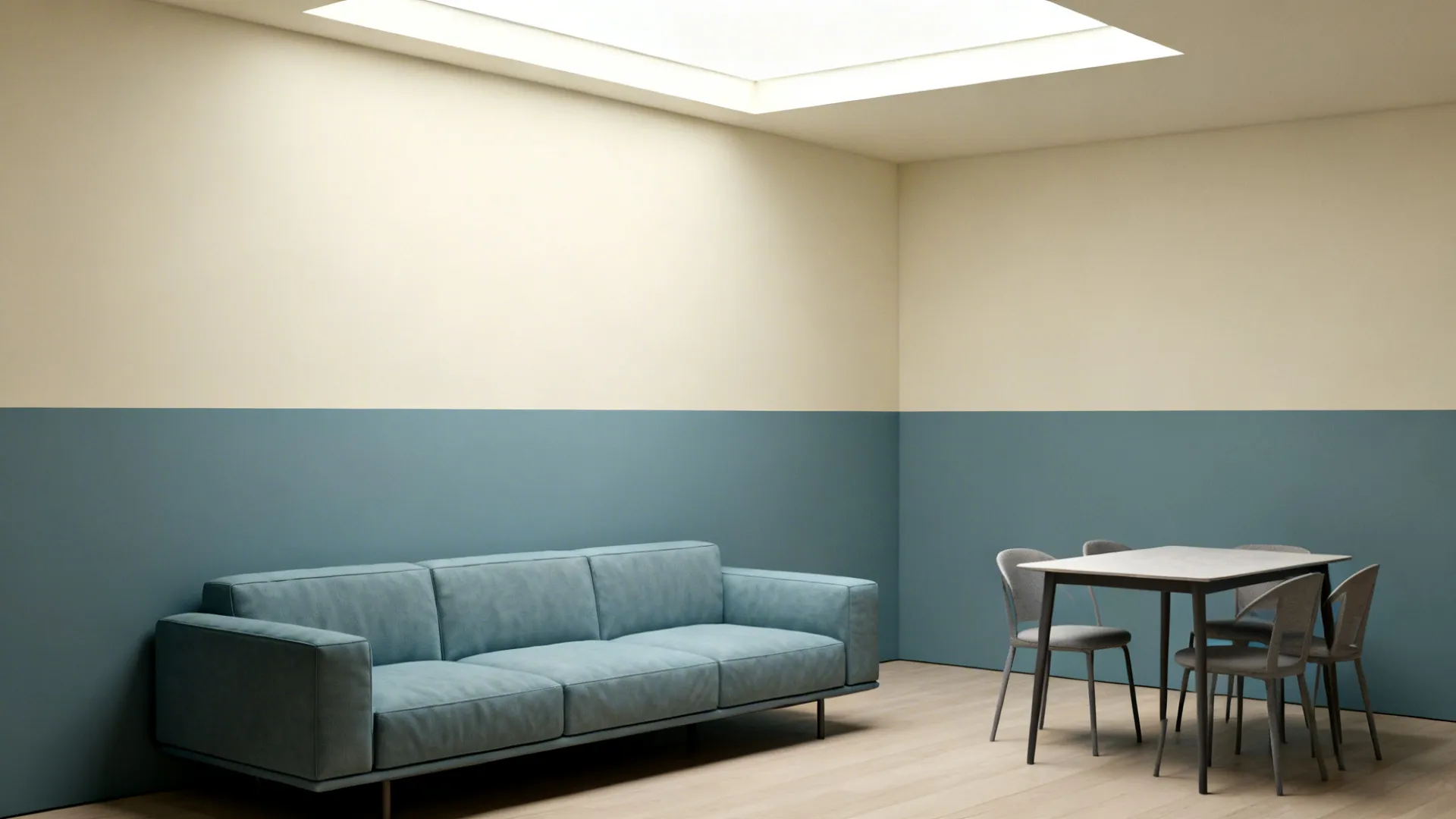 Low-ceiling living-dining with a pale cream top third and dusty blue lower two-thirds horizontal split.