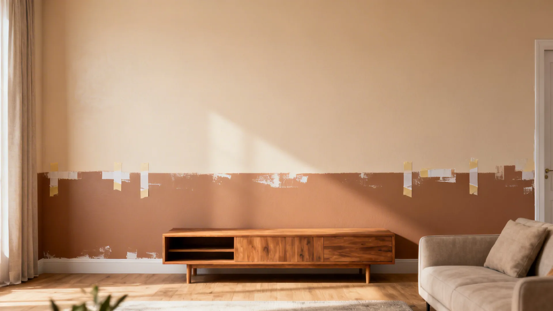 Small living room showing a horizontal two-tone waistline with lower durable paint and lighter upper wall.