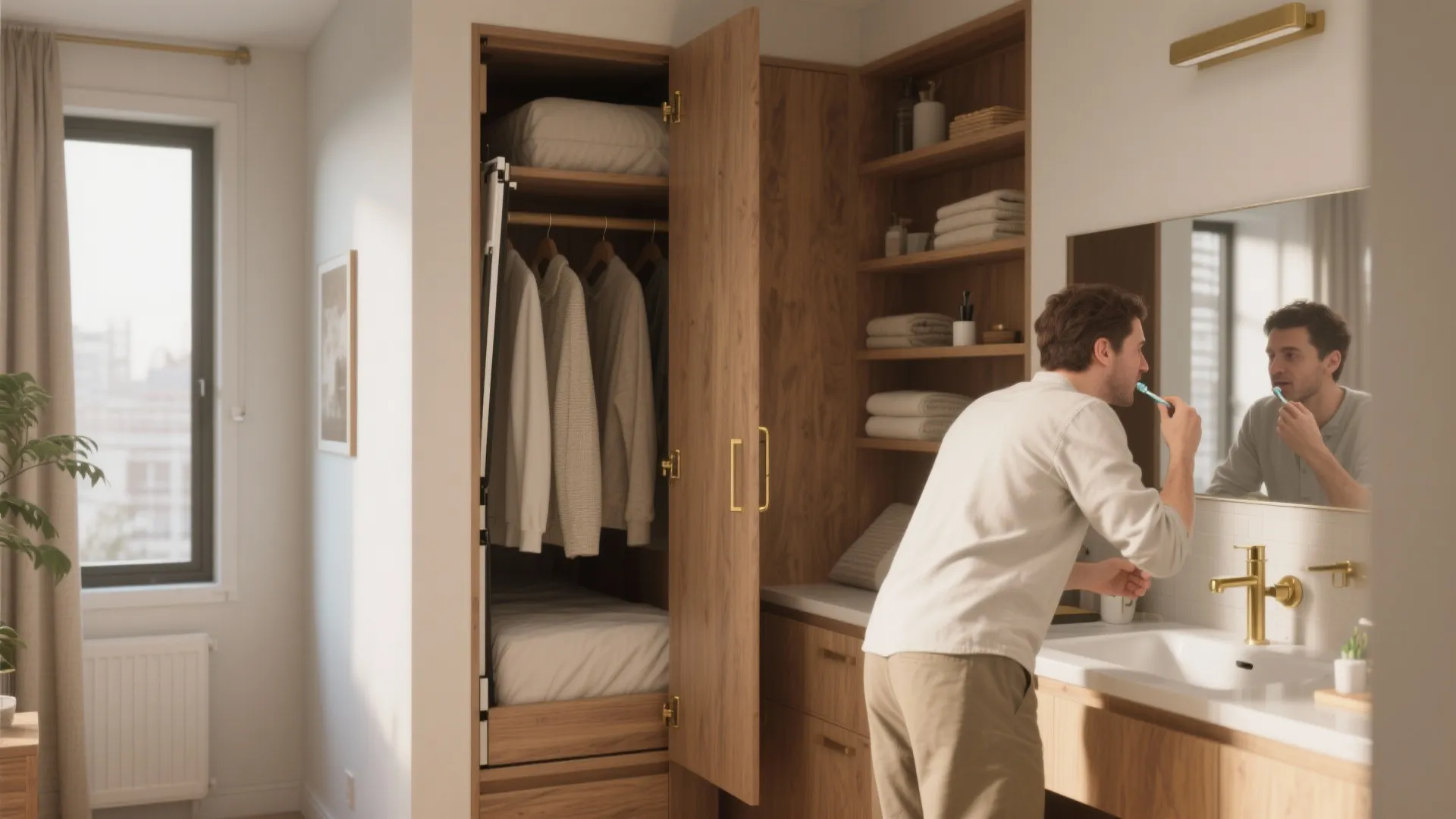 Man brushing teeth in a bathroom next to a wooden closet with hanging clothes storage