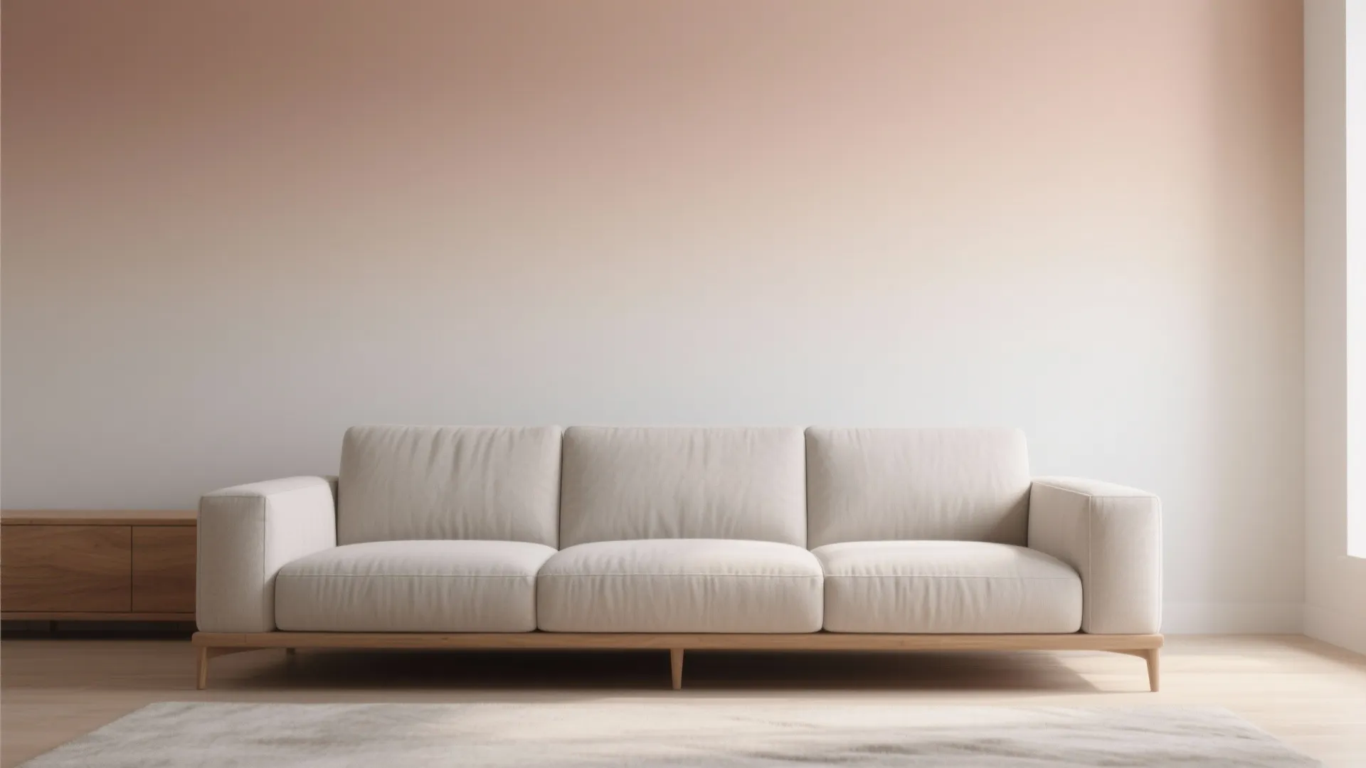 Living room with a subtle horizontal ombre wash behind a sofa, Scandinavian decor and wood accents.