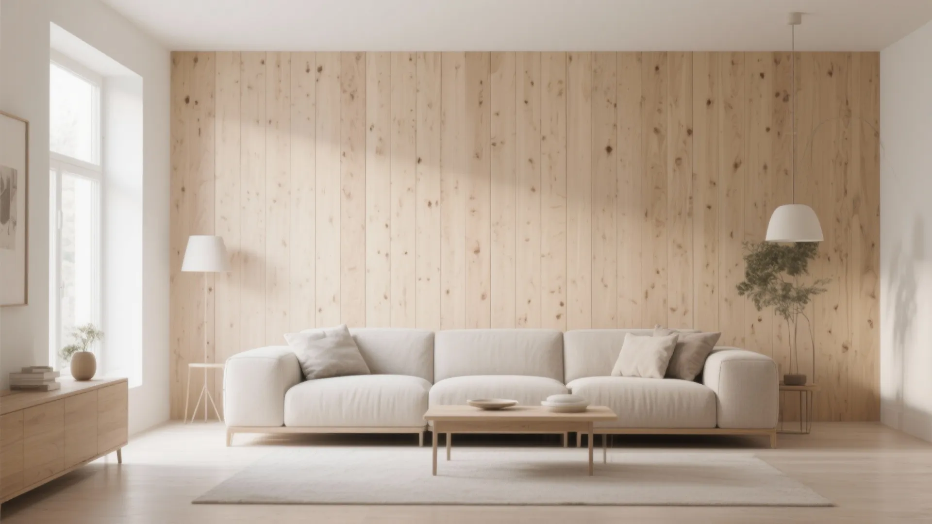 Minimalist living room with horizontal light oak plank wall