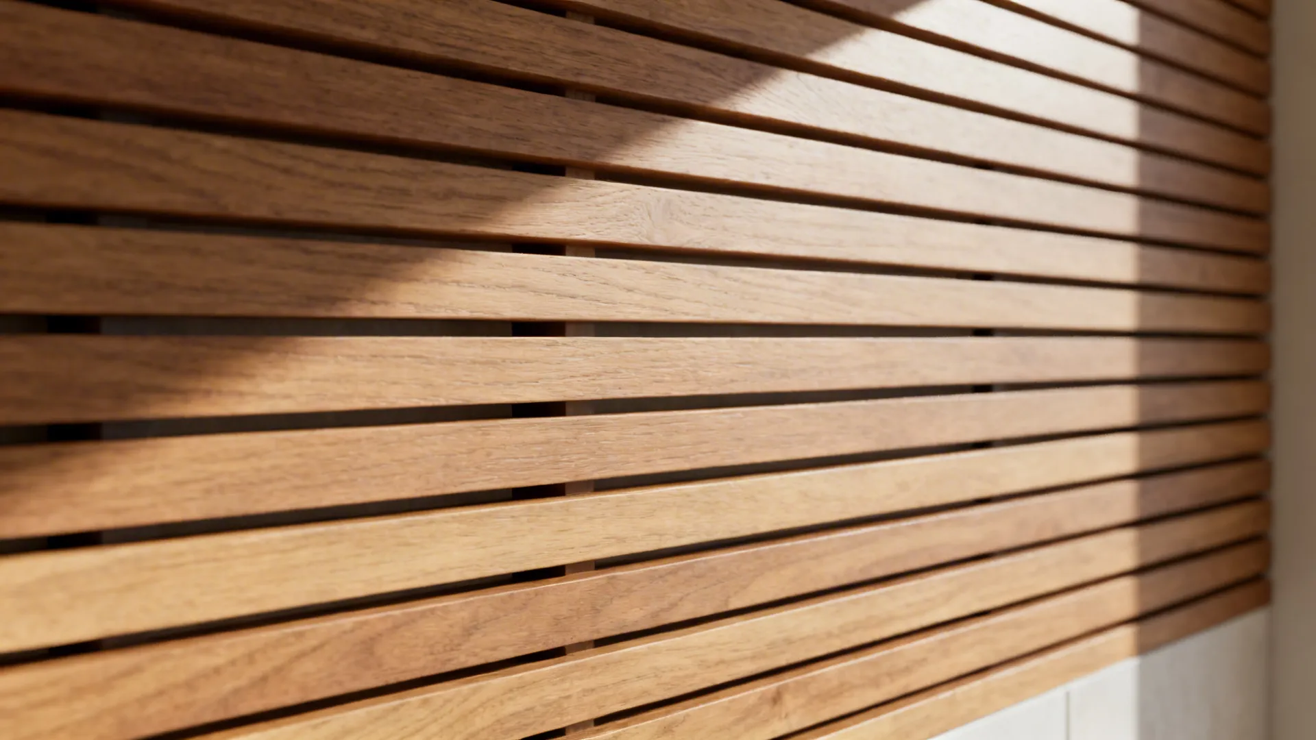 Close-up of thin horizontal oak slats with slight gaps creating visual width