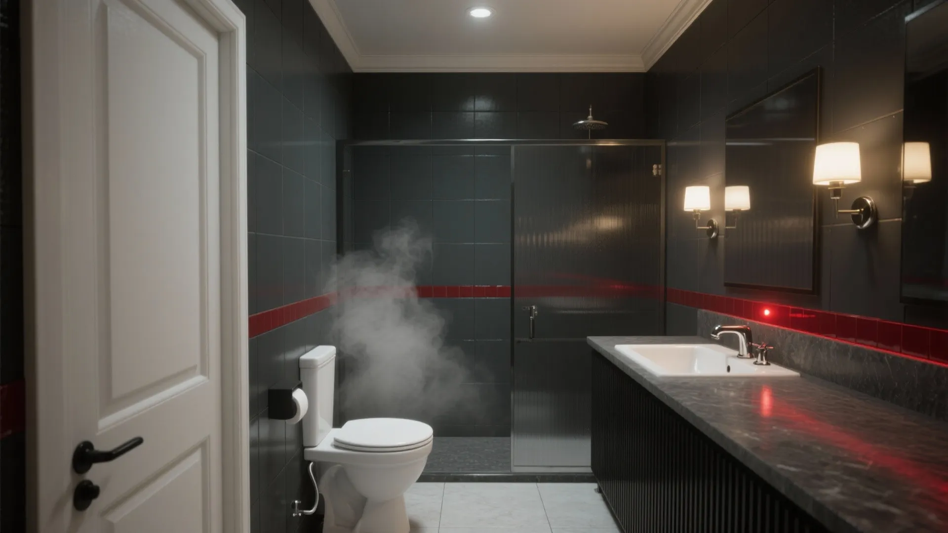 Dark bathroom with black wall tiles red trim white toilet steam and black cabinet lights