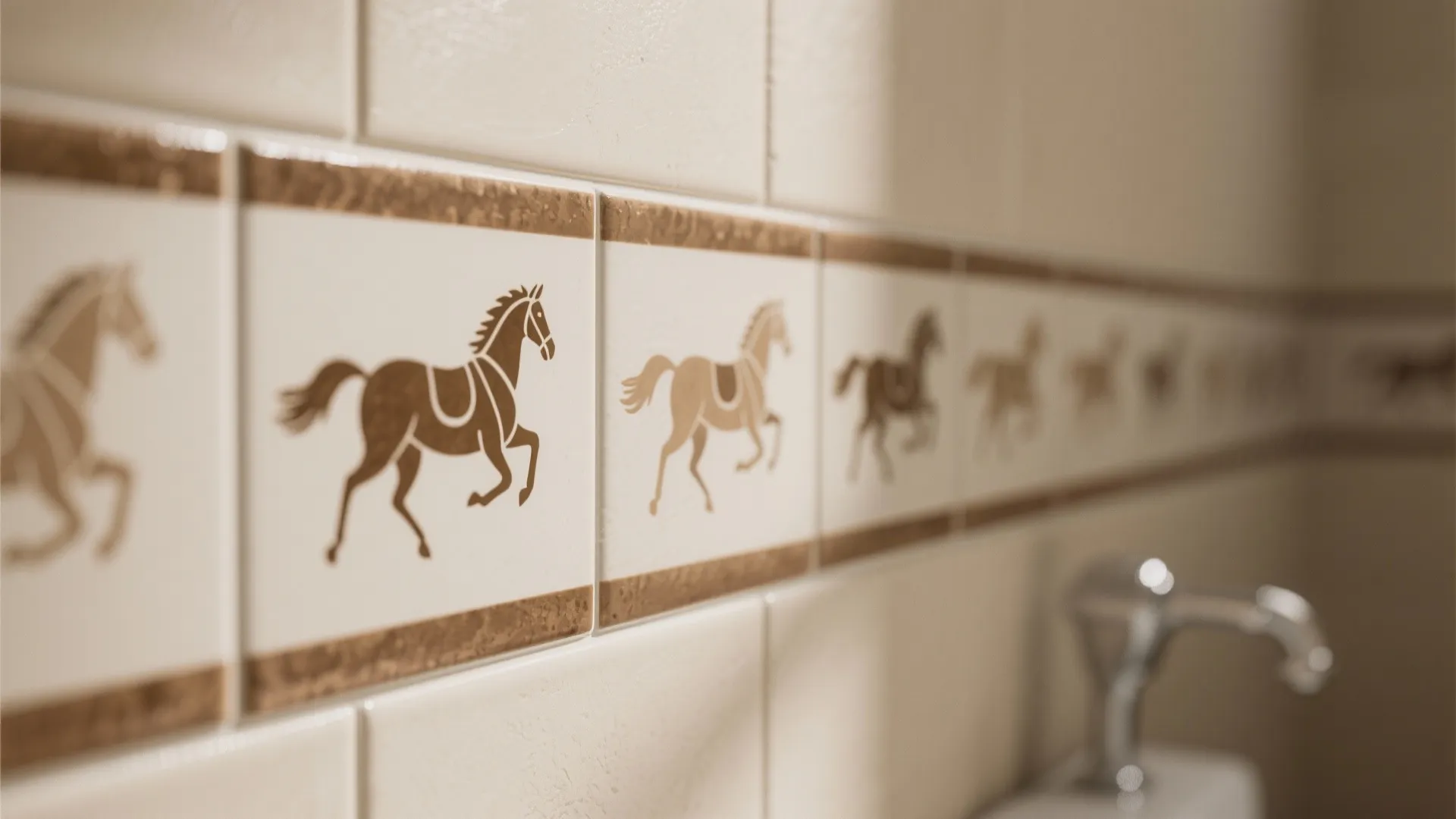 Close up of decorative wall tiles featuring brown horse patterns in a clean bathroom setting