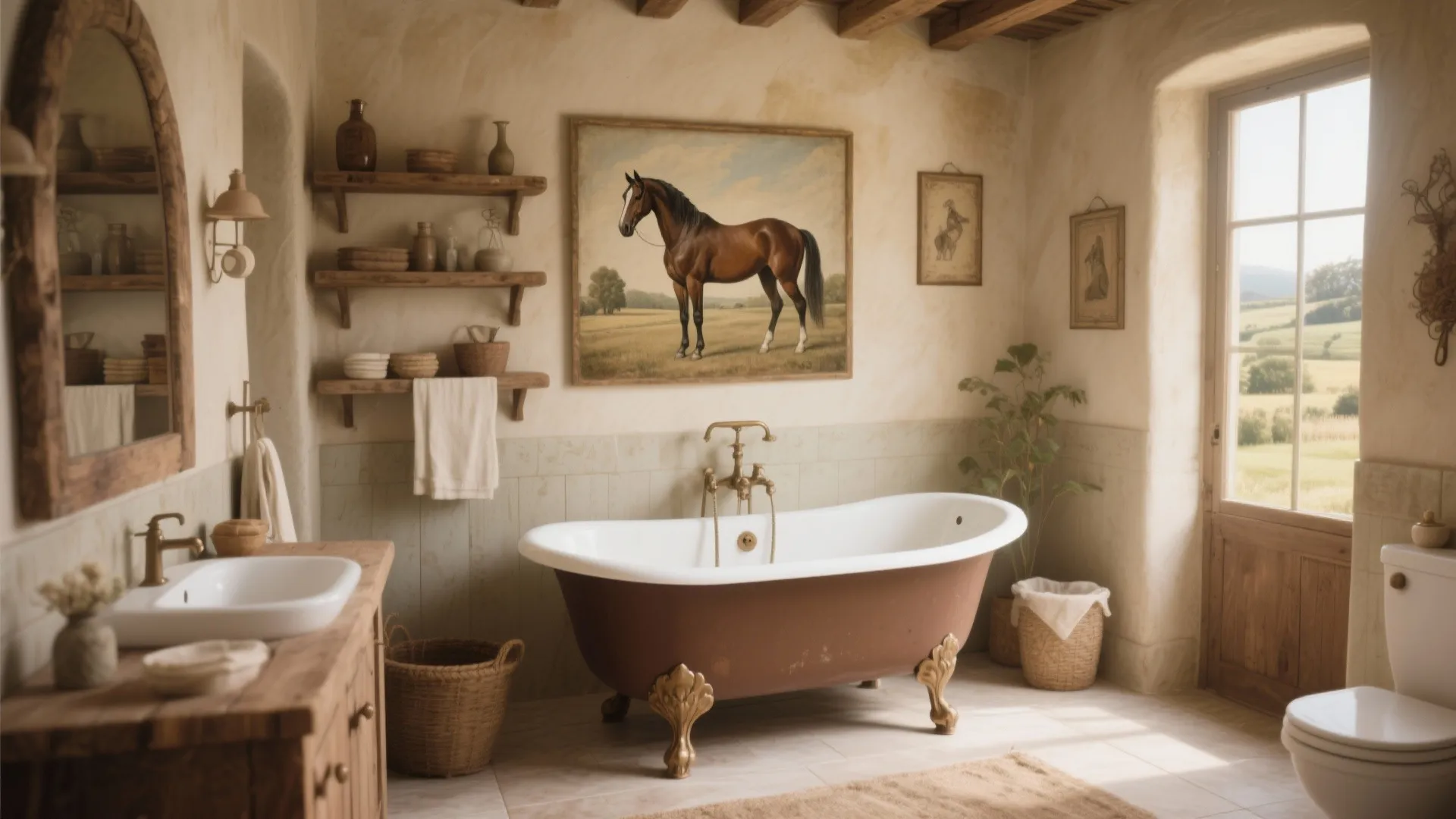 Rustic bathroom with brown bathtub large horse painting wooden shelves white sink and bright window