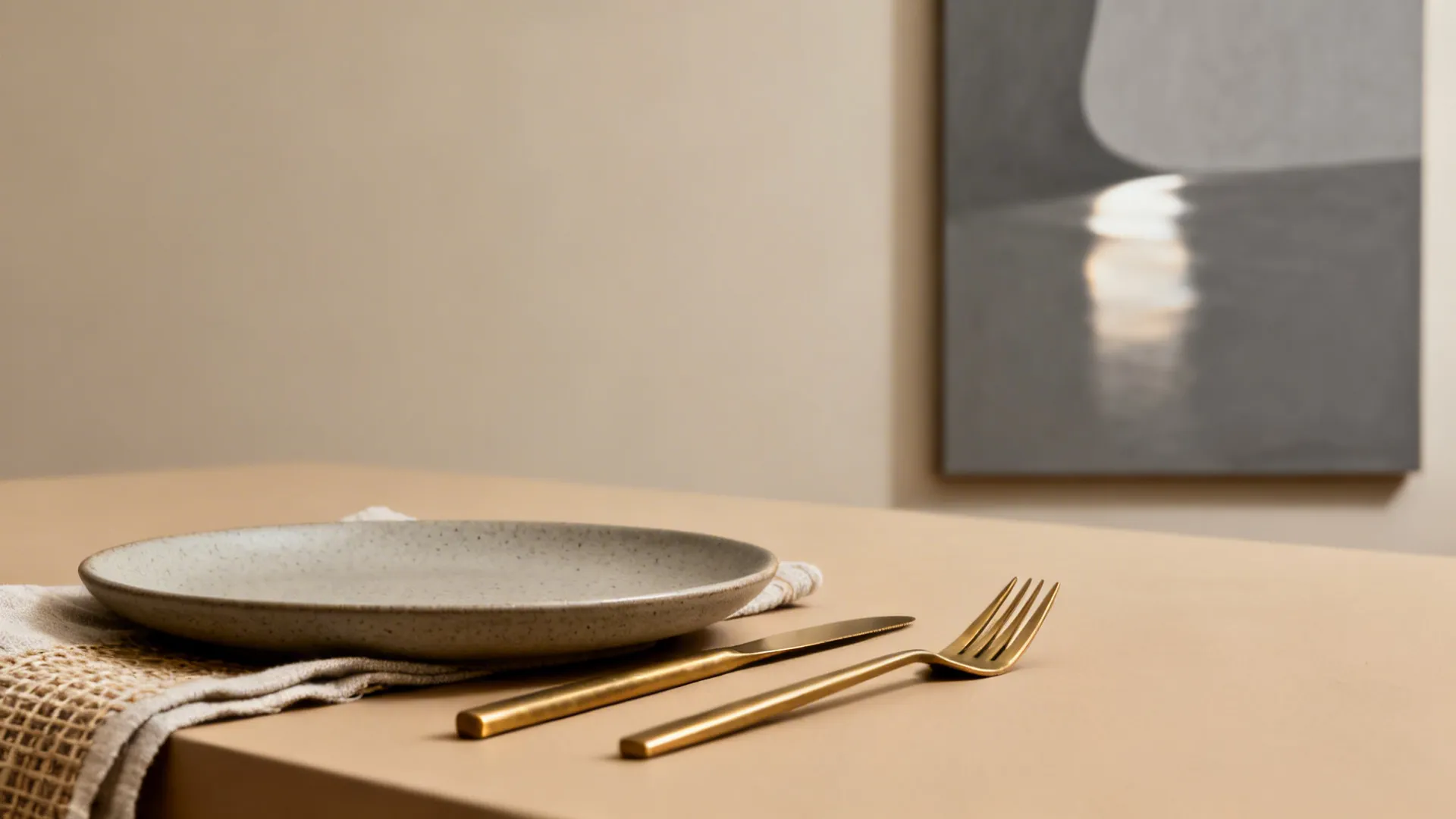 Macro of matte stoneware, brushed brass cutlery, and linen on a neutral table.