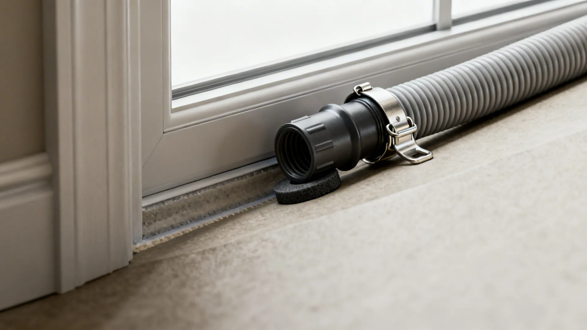 Macro detail of dehumidifier hose connection with clamp and foam gasket at a window pass-through