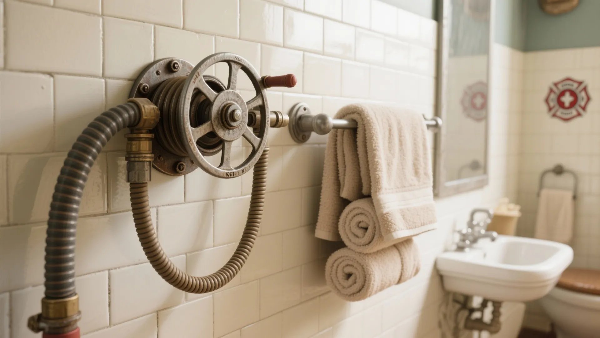 Vintage hose reel towel rack with red and white towels in a fire-themed bathroom