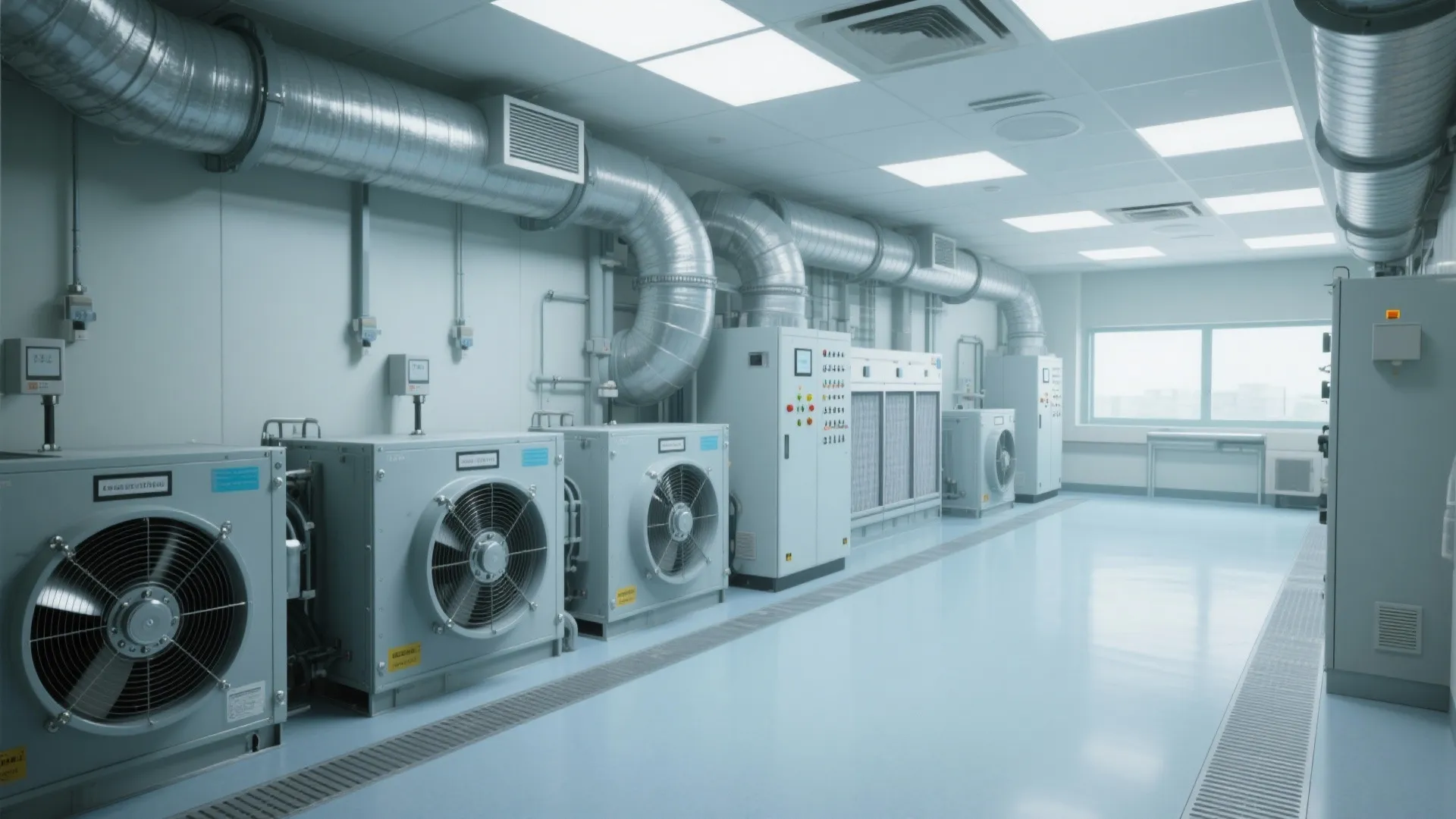 Modern hospital room with large cooling fans silver metal pipes white walls and ceiling lights