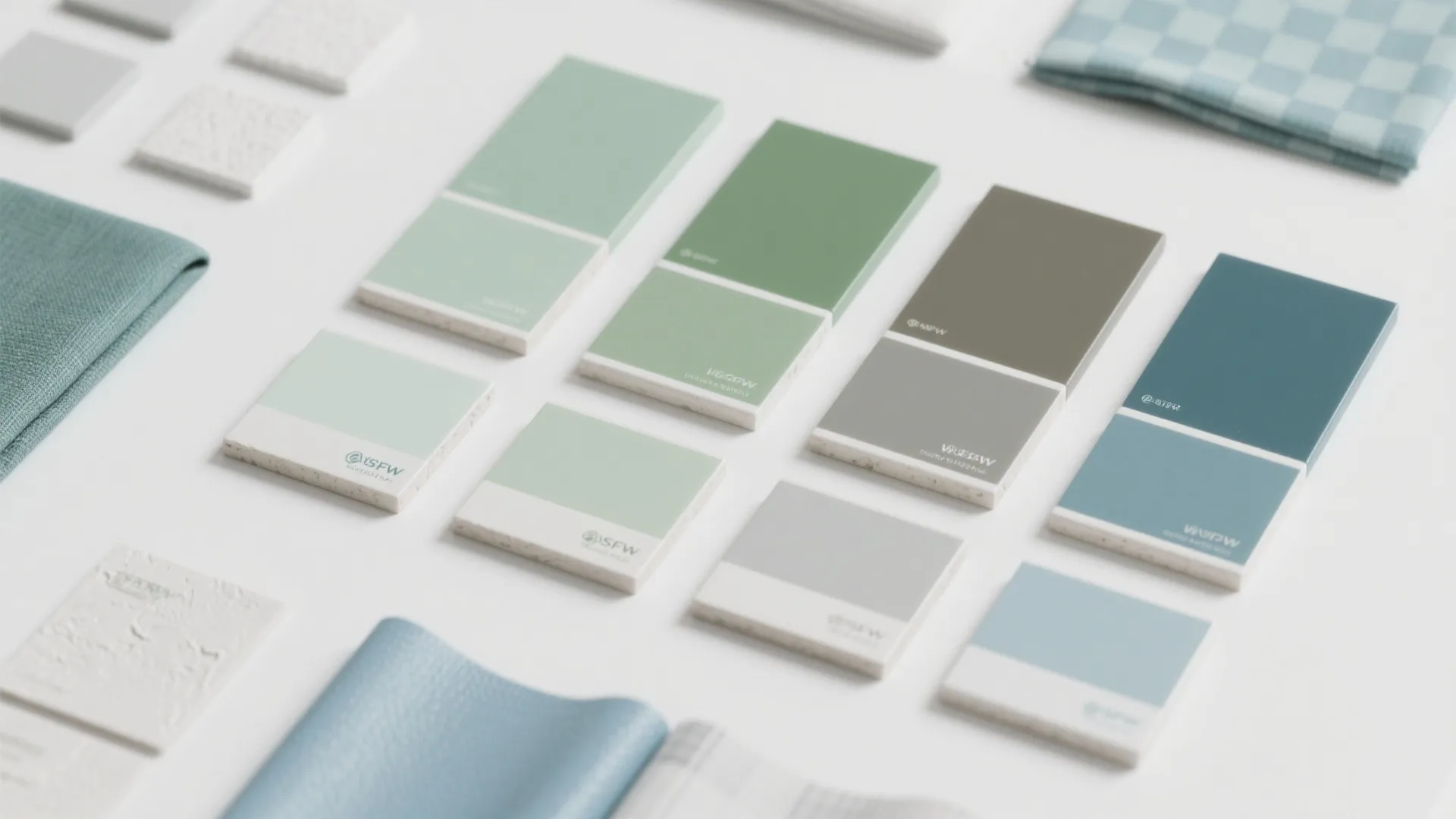 Interior design color palette with green and blue material samples and fabric on white table