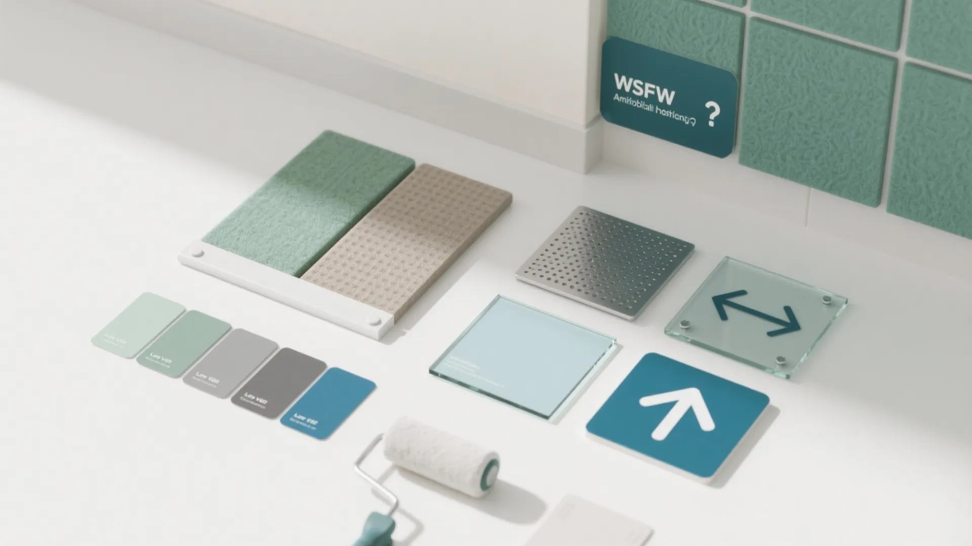 Various interior design material samples with green wall panels, paint roller, color swatches, and signs