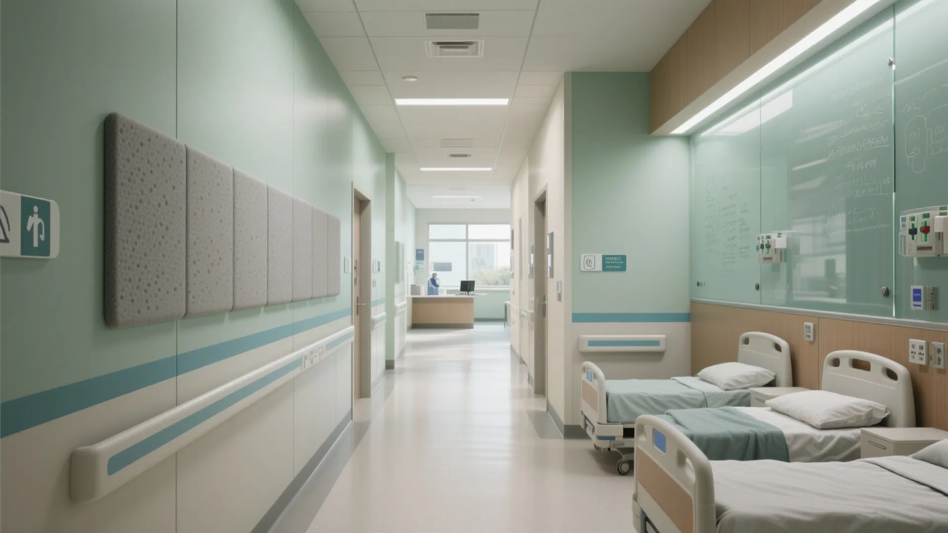 Modern hospital room interior with green wall panels two patient beds and bright ceiling lights