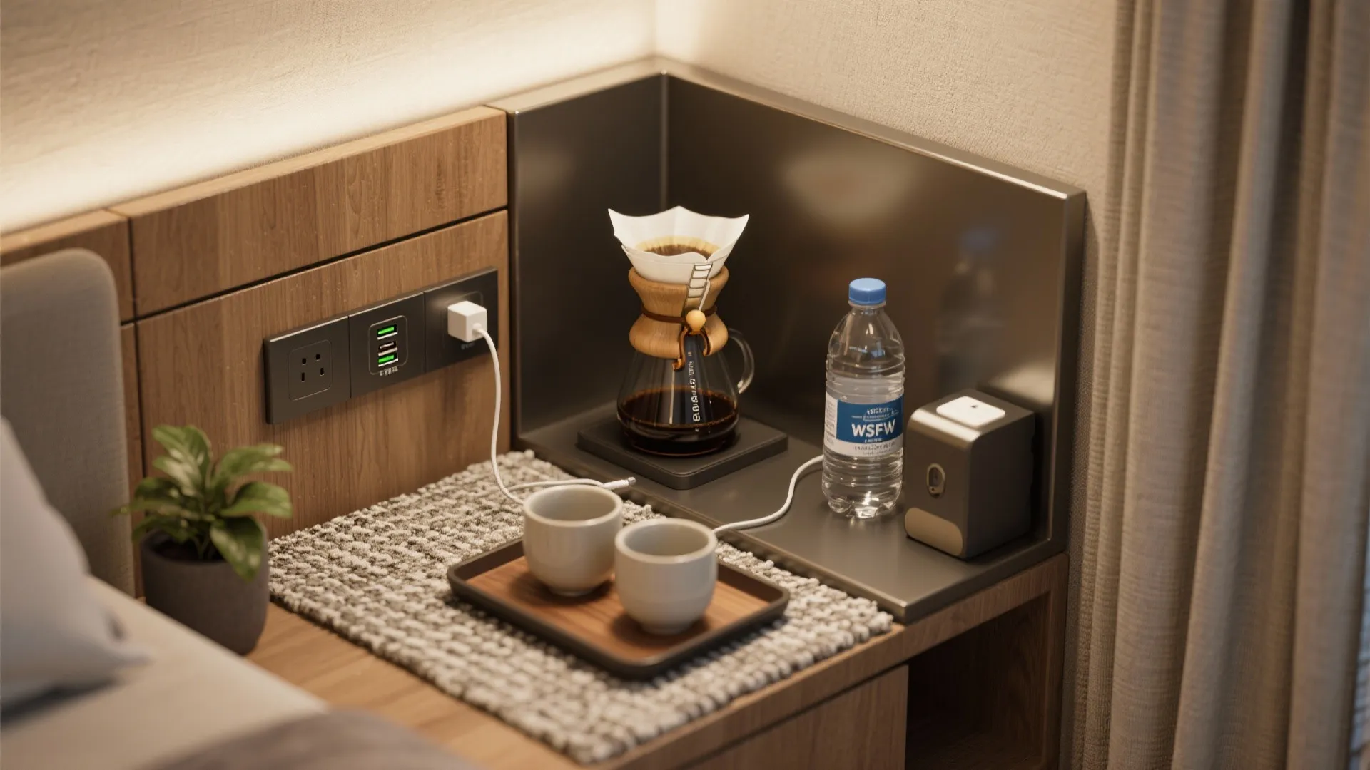 Hotel room bedside table with coffee maker water bottle two cups power outlets and small plant