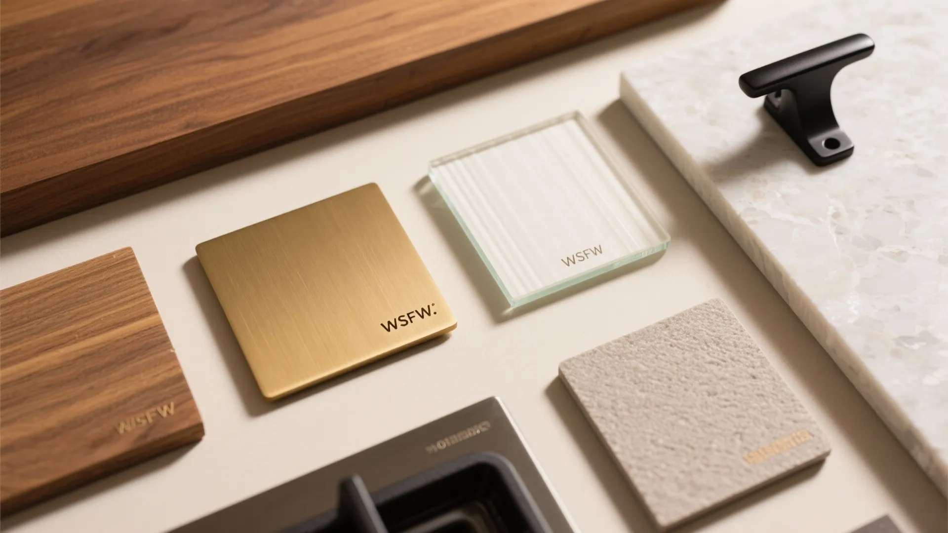 Material flatlay with brushed brass, sealed oak, opal glass, and warm neutrals for kitchen lighting.