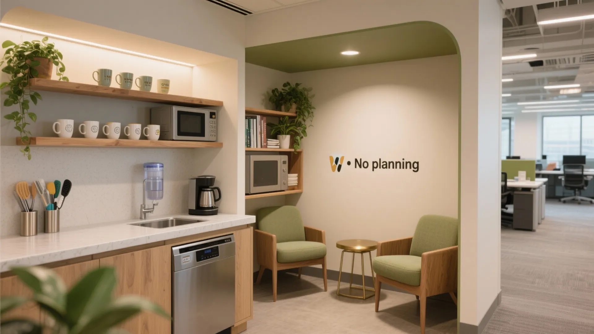 Office break room kitchenette with wooden shelves two green chairs small gold table and microwave