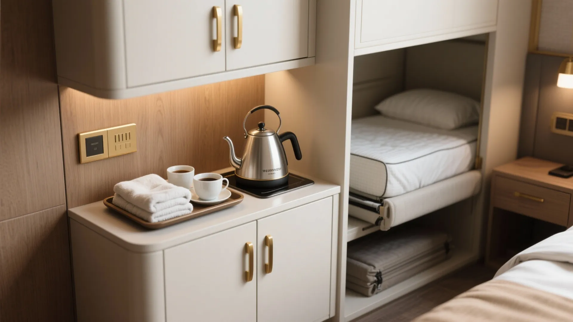 5. Mini hospitality nook: beverage station + foldable bedding