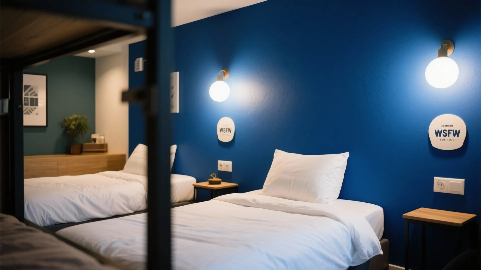 Blue accent wall with two wall lights above small wooden tables and white single beds