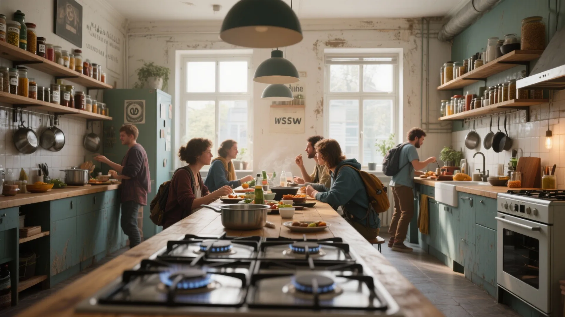 Group of people eating together at a wooden table in a hostel kitchen with green cabinets