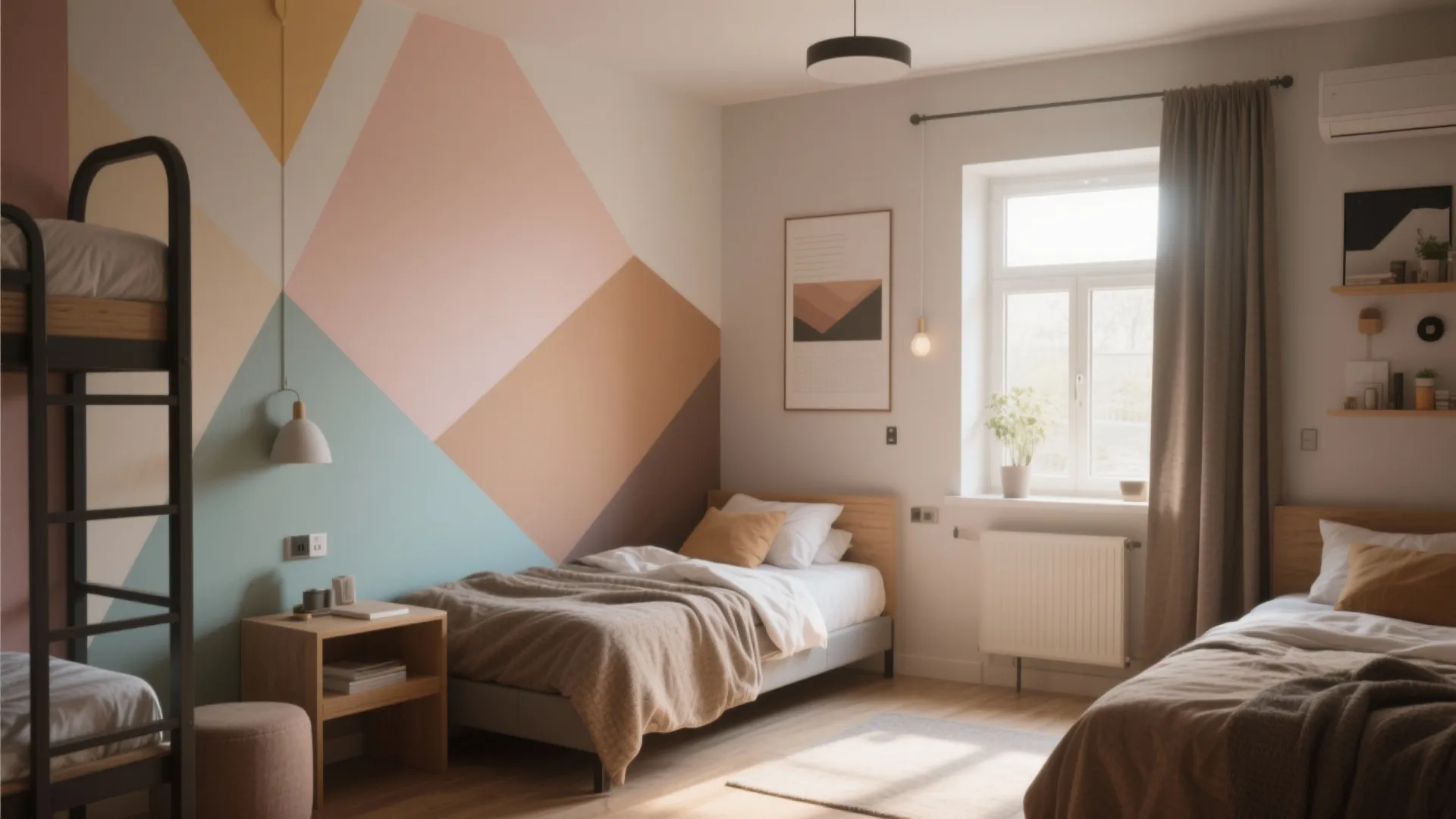Hostel bedroom with colorful geometric wall paint design black bunk beds and wooden side table furniture
