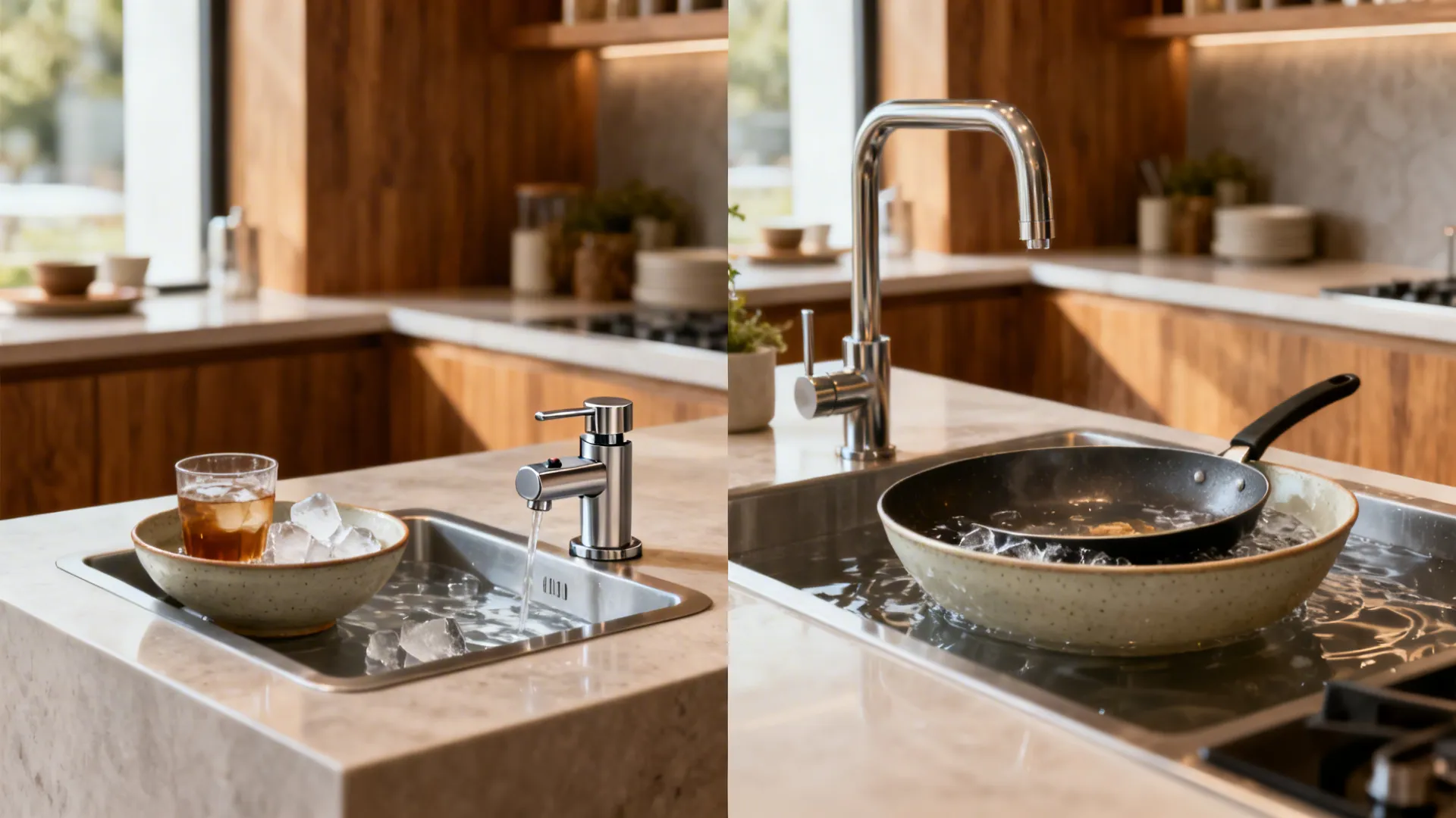 Two-zone double sink with a beverage rinse station and a larger bowl for soaking cookware.