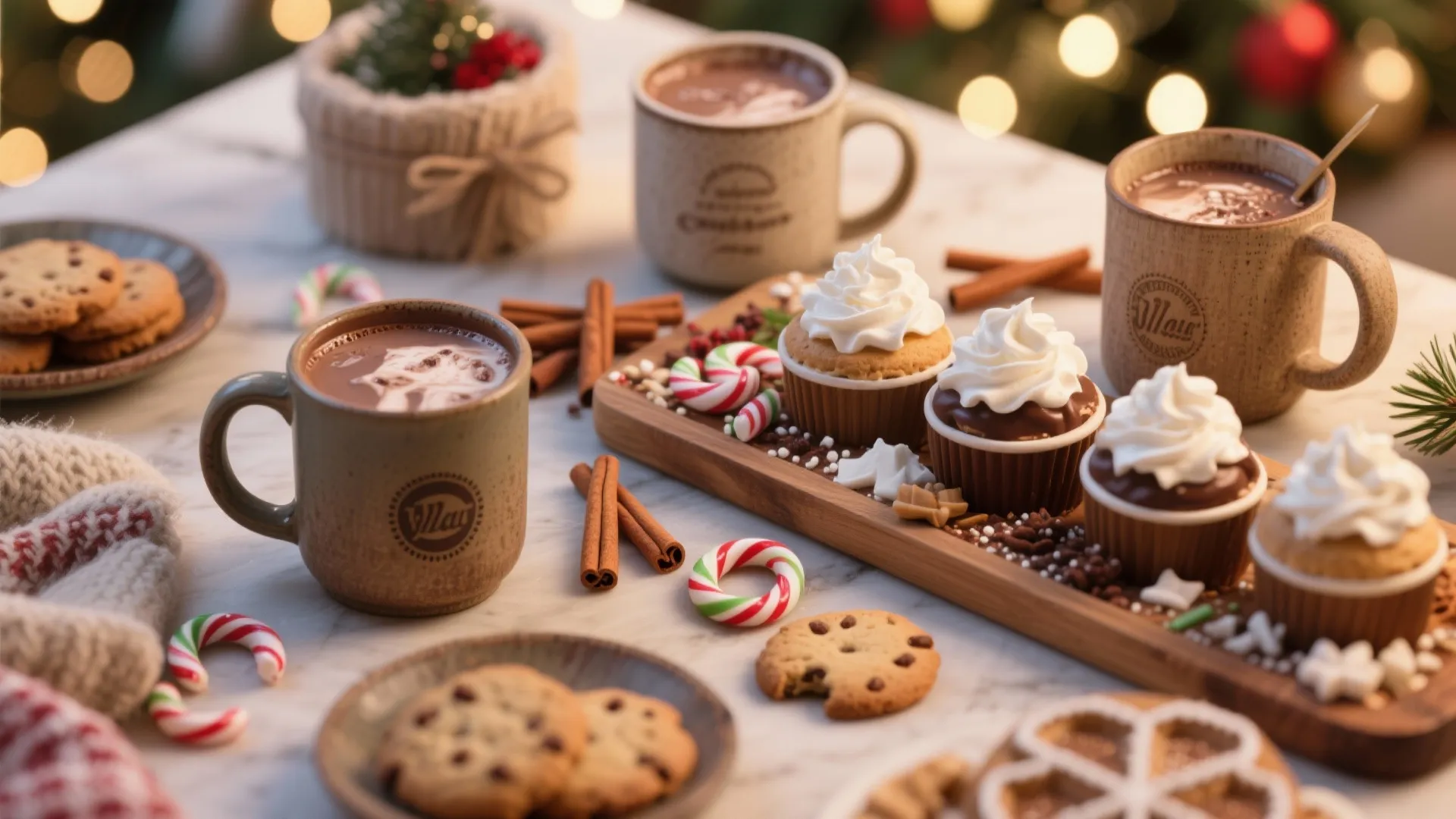 Table with mugs of hot chocolate, holiday cupcakes, chocolate chip cookies, and festive candy canes
