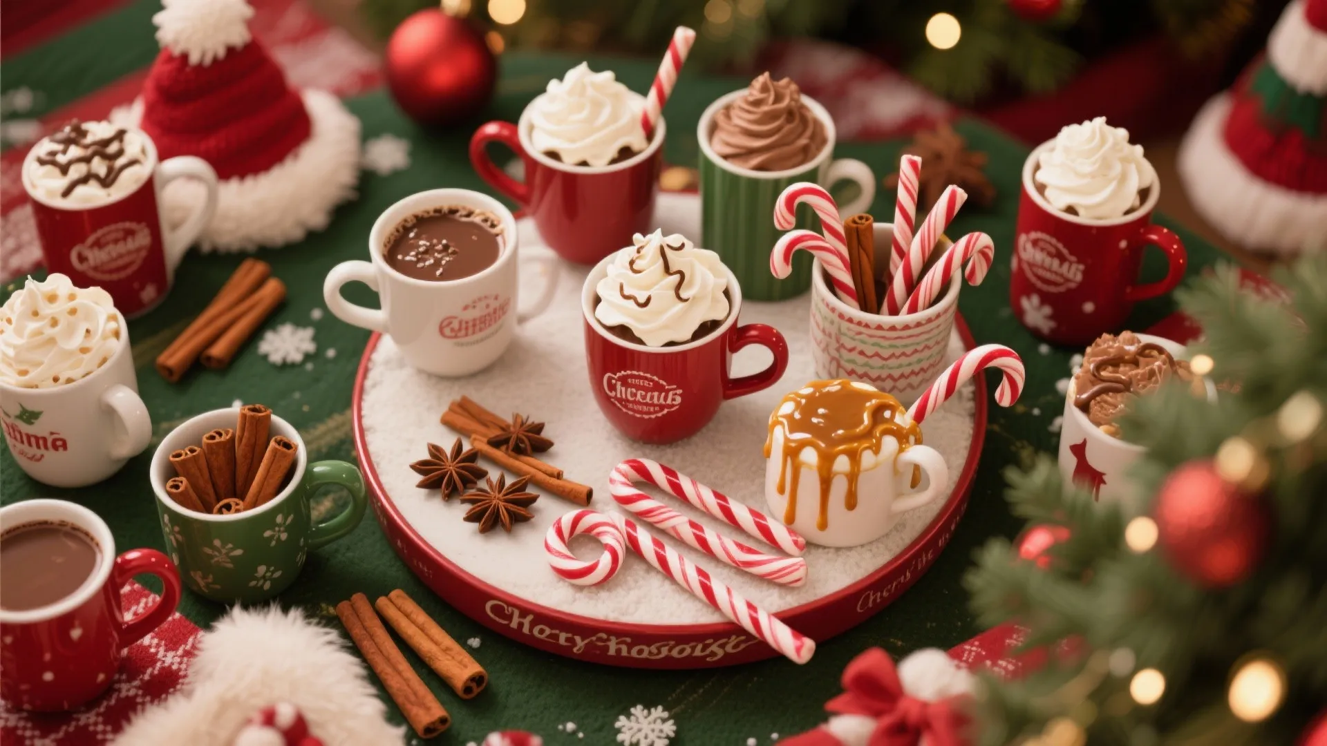 Small red and green mugs of hot chocolate with cream and candy canes on tray