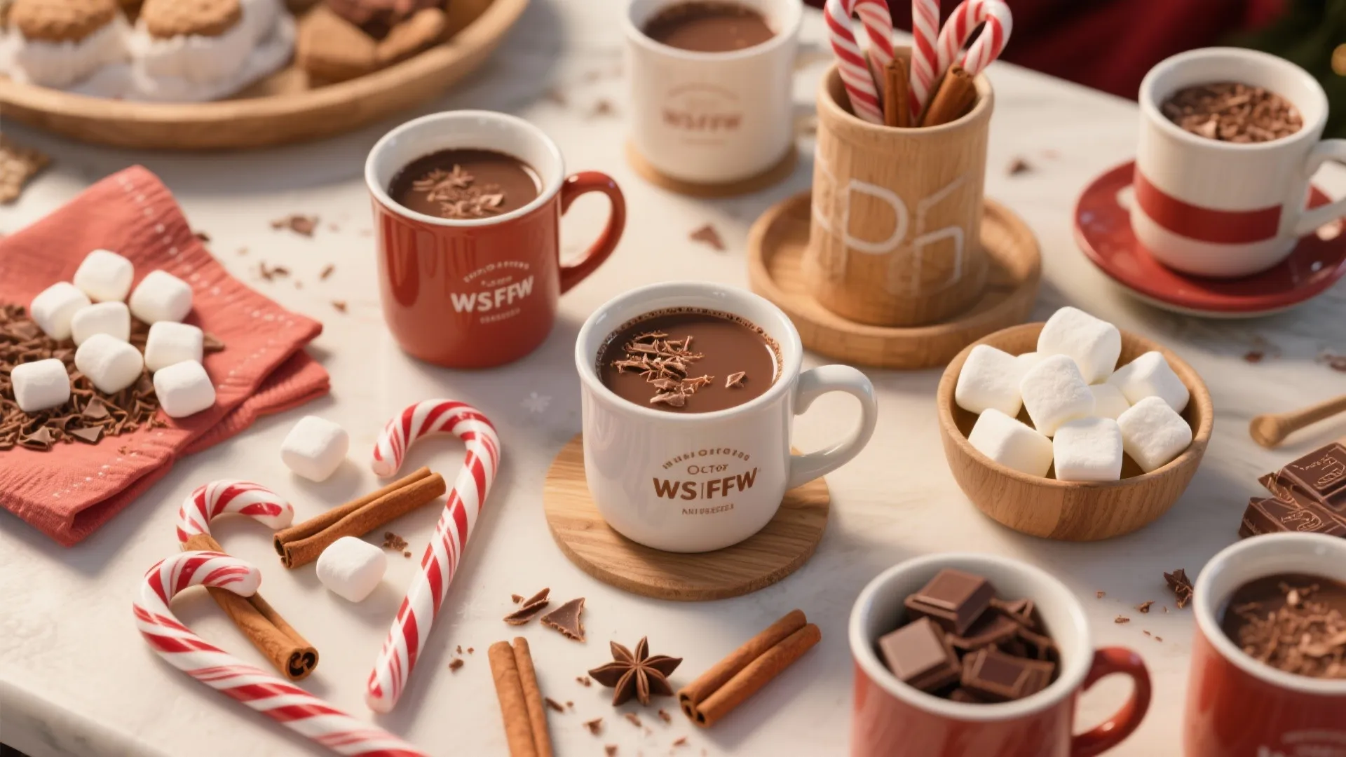 Hot chocolate drinks on a marble table with marshmallows candy canes cinnamon sticks and chocolate