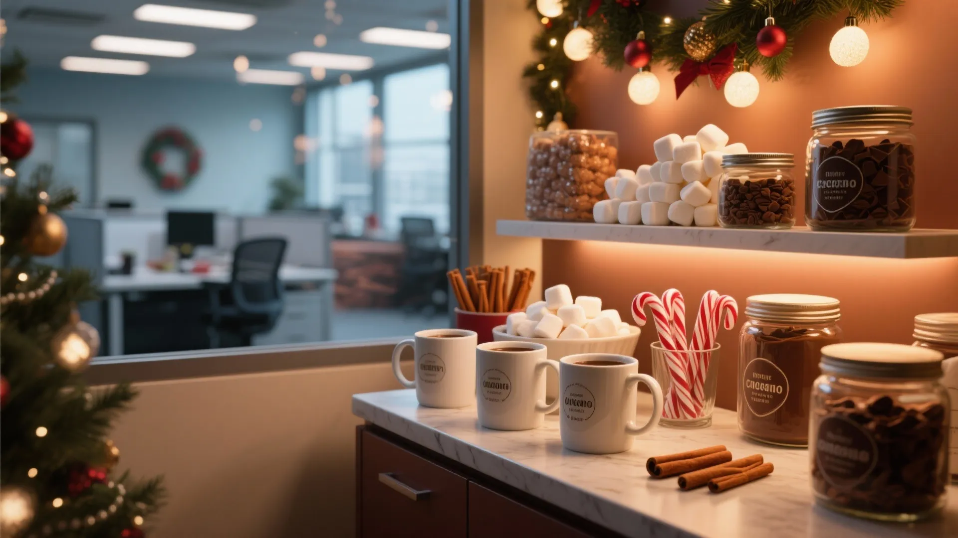 Hot chocolate station with white mugs marshmallows candy canes and glass jars on a counter