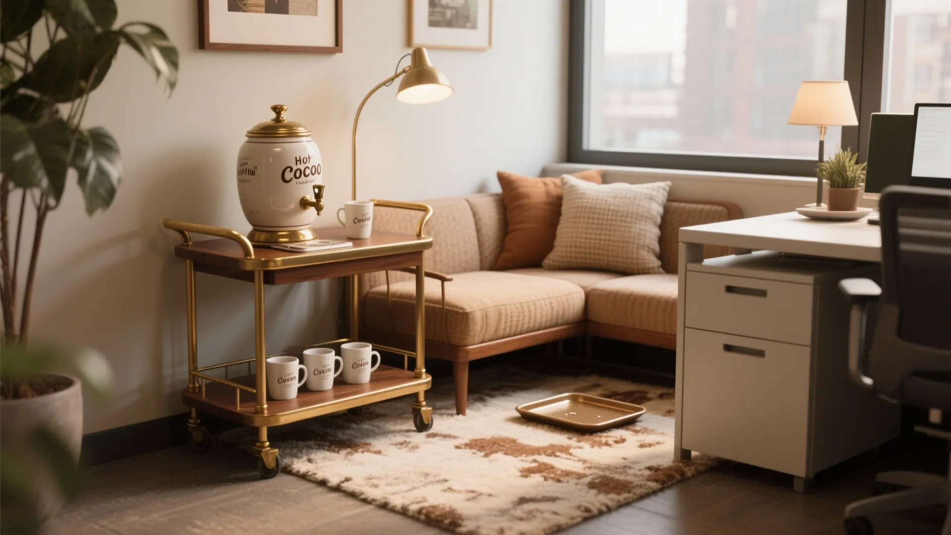 Cozy office corner with wooden hot cocoa cart mugs beige sofa work desk and lamp
