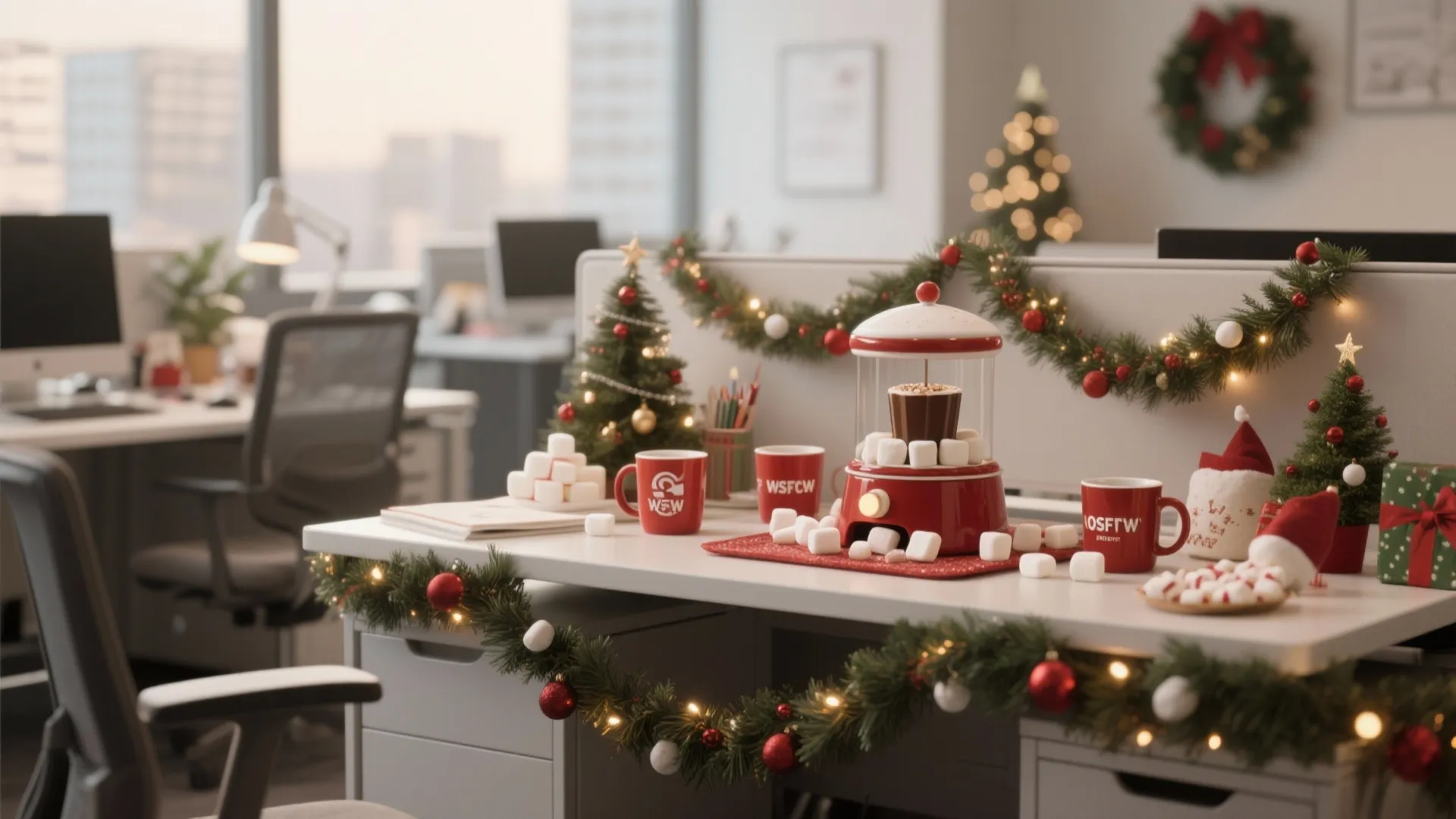 Office desk decorated for Christmas with red mugs marshmallows mini trees and green leaf garlands