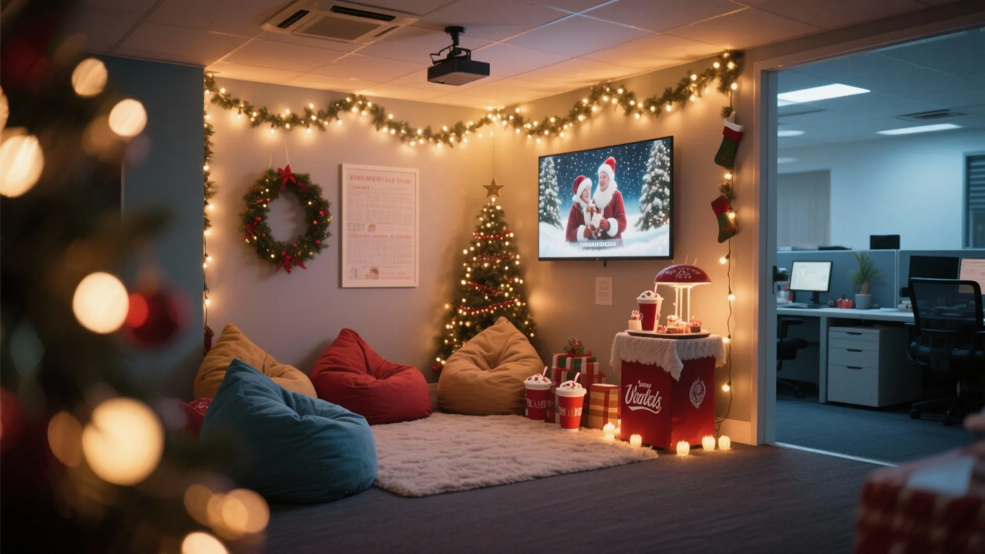 Office relaxation area with bean bags plus a television showing a movie near Christmas decorations