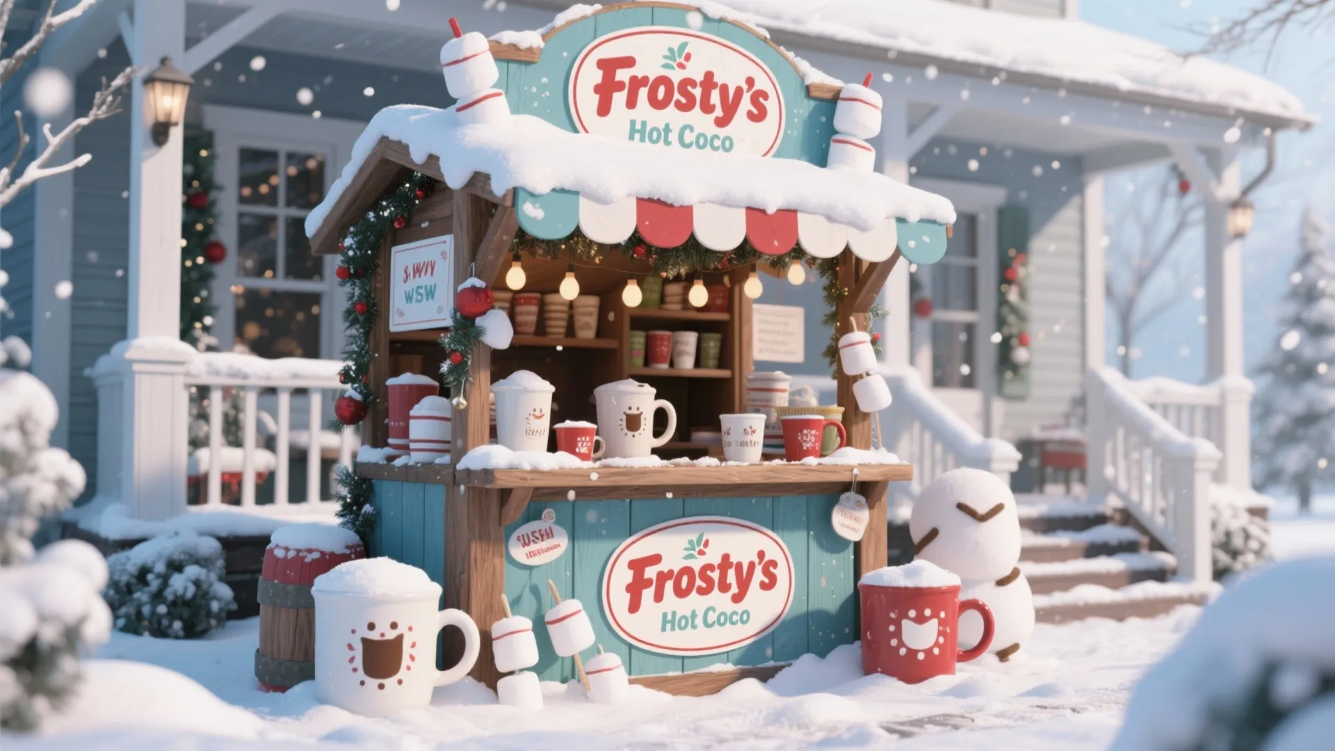 Festive hot cocoa stand props in snowy outdoor setting