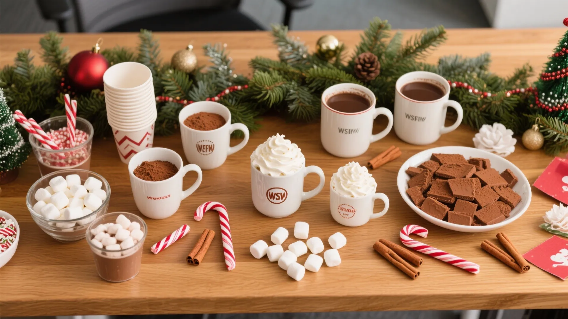 Hot cocoa station with white mugs chocolate pieces marshmallows candy canes and green pine branch decor