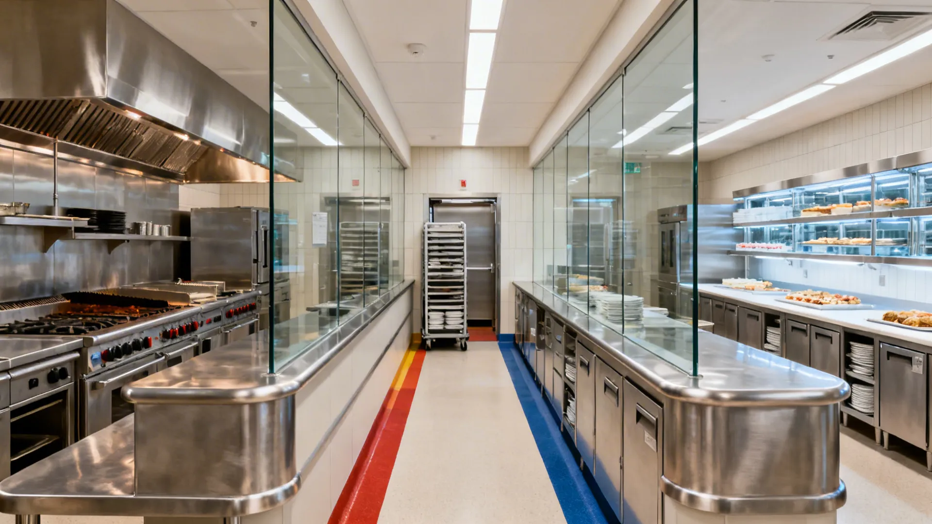 Zoned hotel kitchen showing hot line, cold prep, and clear receiving path.