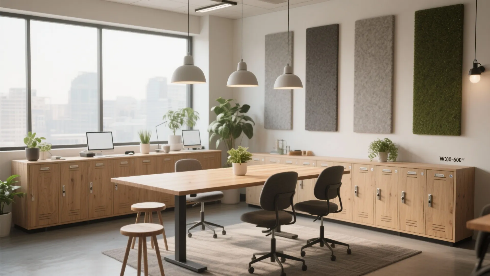 Modern shared office space with long wooden table grey chairs green plants and ceiling lights
