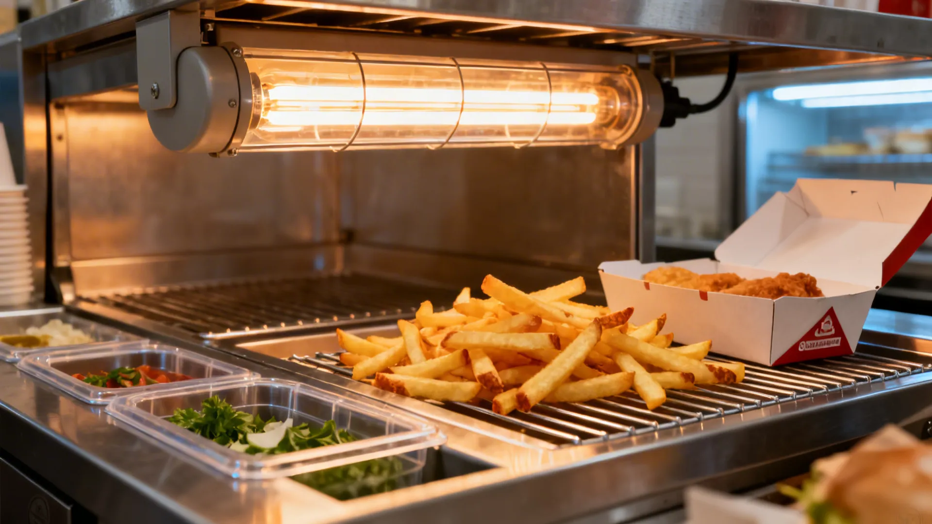 Close-up of pass-through warmer and heat-lamp shelf beside packing with cold rail nearby for fast plating.