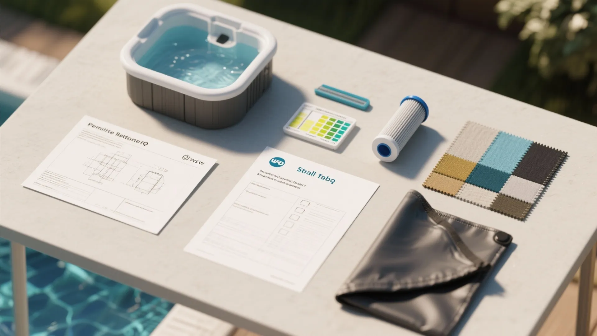Flatlay of permit forms, electrical plan, water test strips and filter parts for small hot tub planning and maintenance.