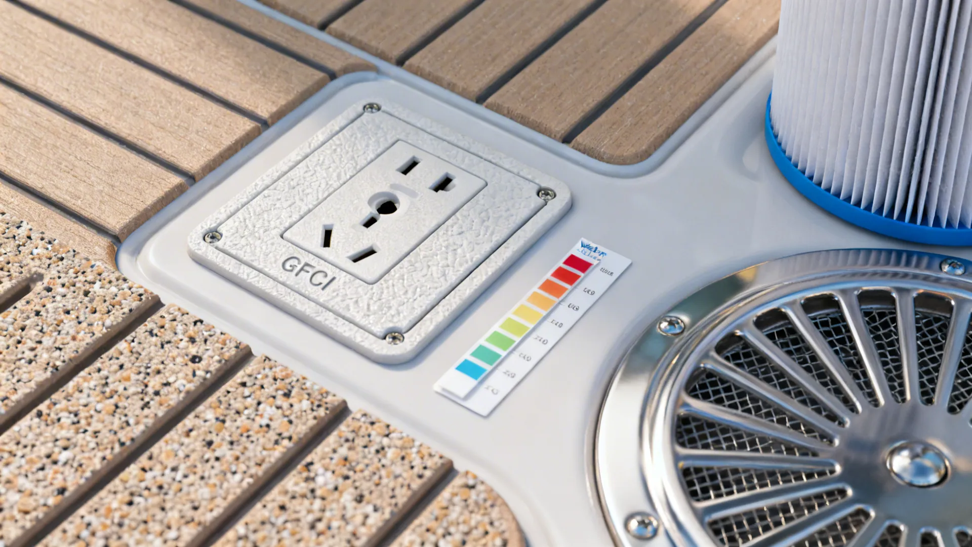 Close-up of safety and maintenance items for a hot tub: GFCI outlet, test strips and filter.