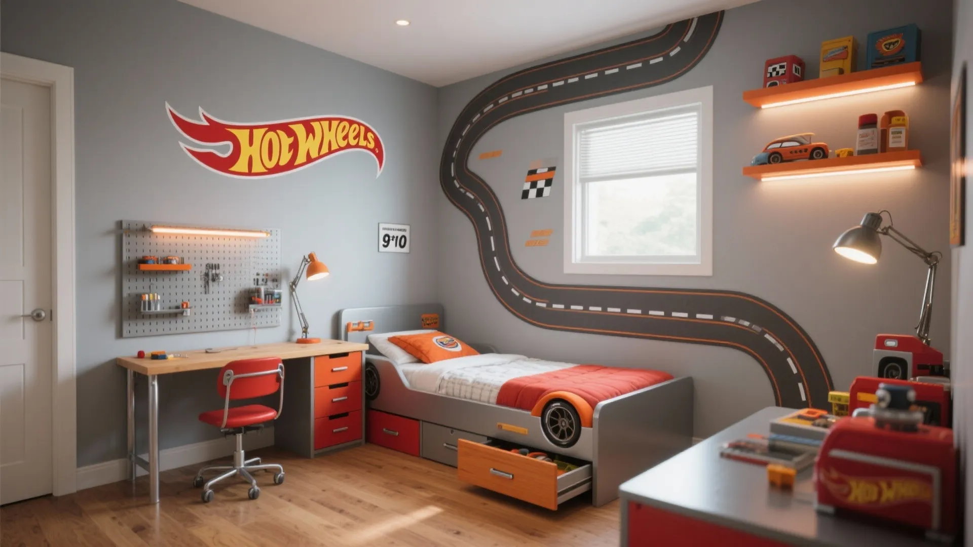 Boys bedroom with car theme featuring grey walls orange desk race track mural and bed