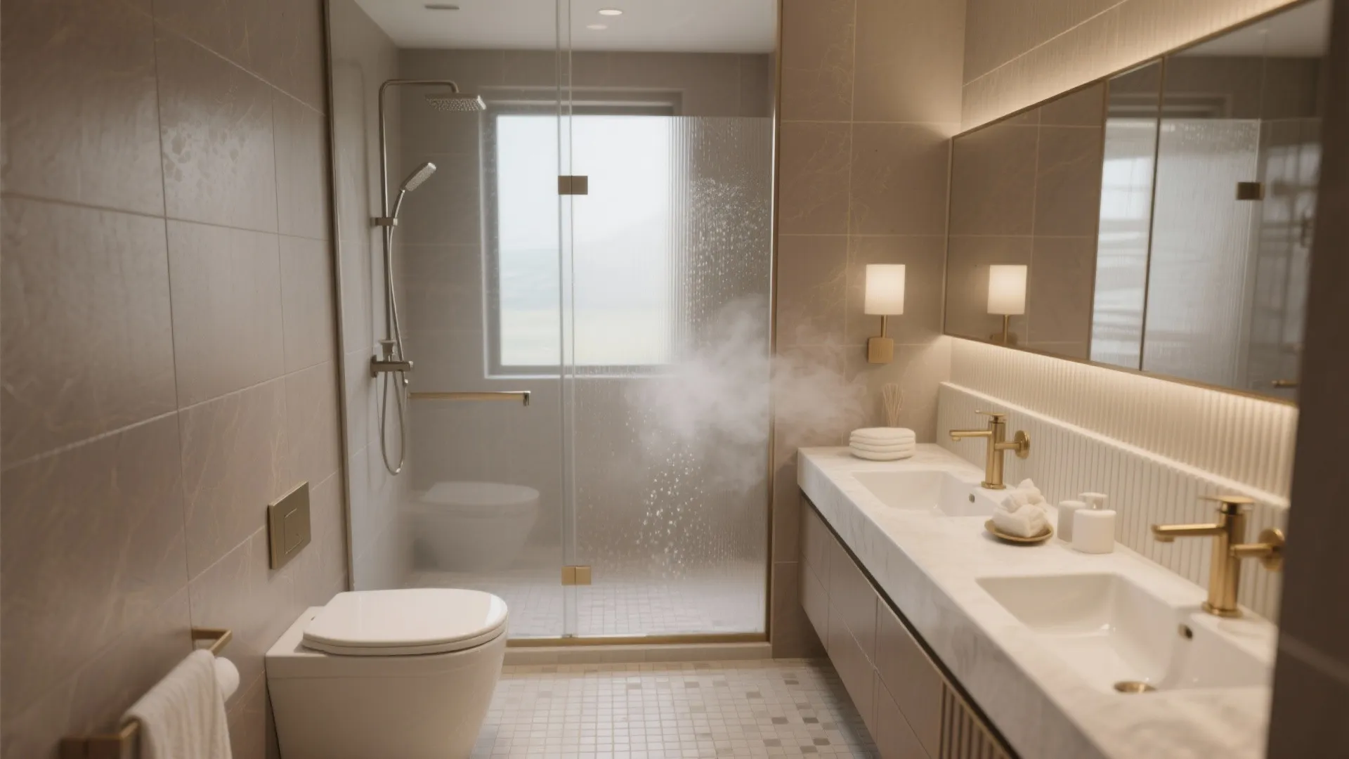 Luxurious bathroom with double sinks wall light glass shower door white toilet and tiled floor